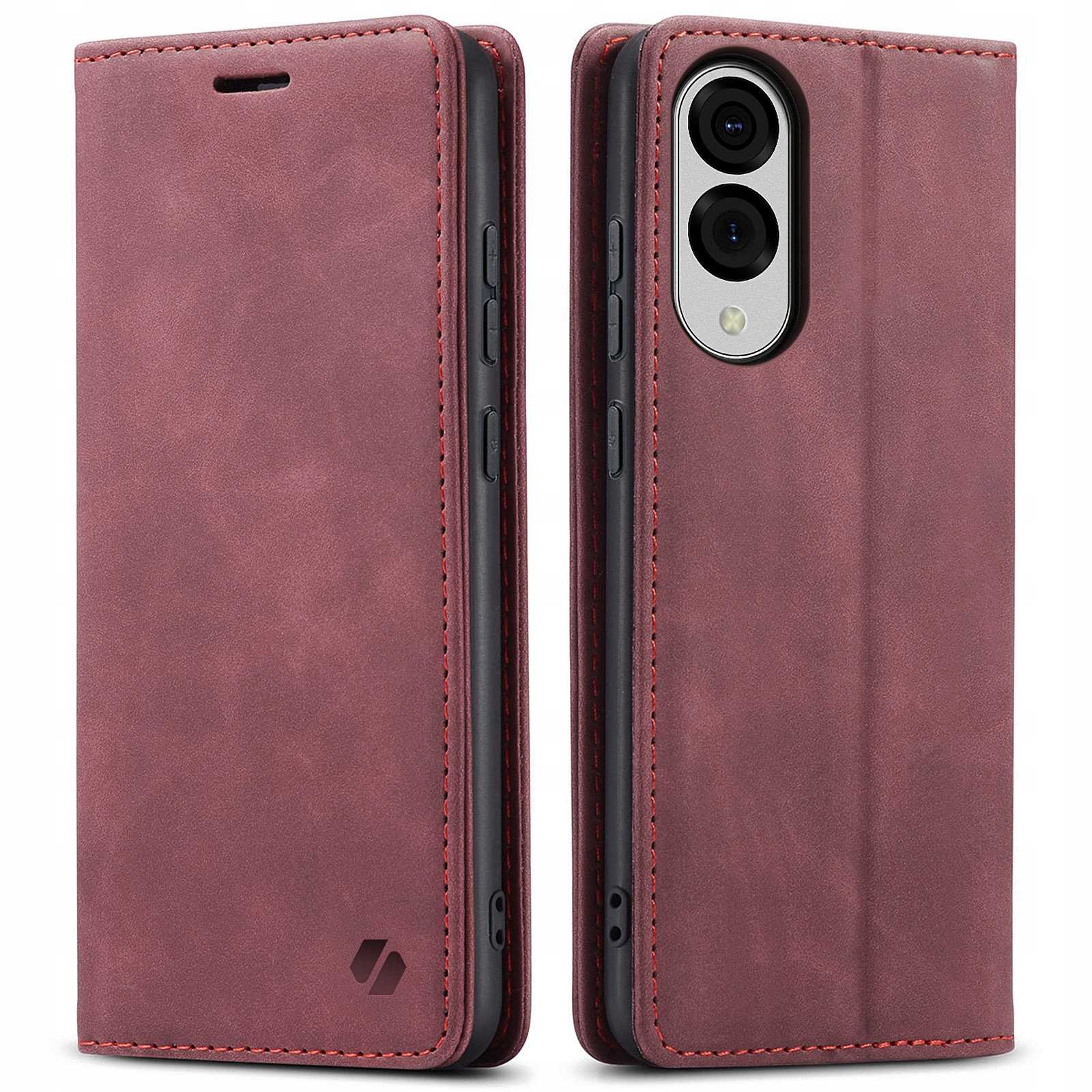 Bordowe etui na telefon, otwarte, pokazujące telefon z kamerami. Tło jest białe.