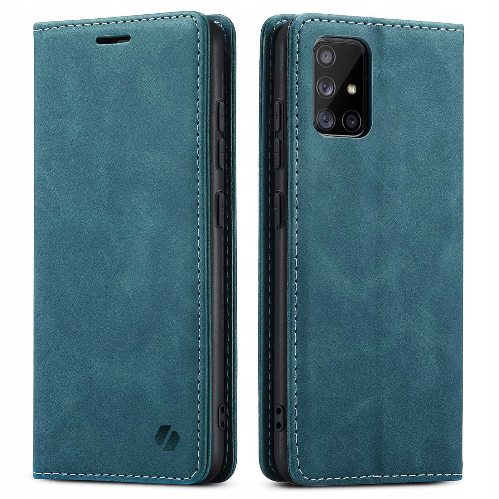 Niebieskie etui na telefon zamknięte. Telefon jest w środku.