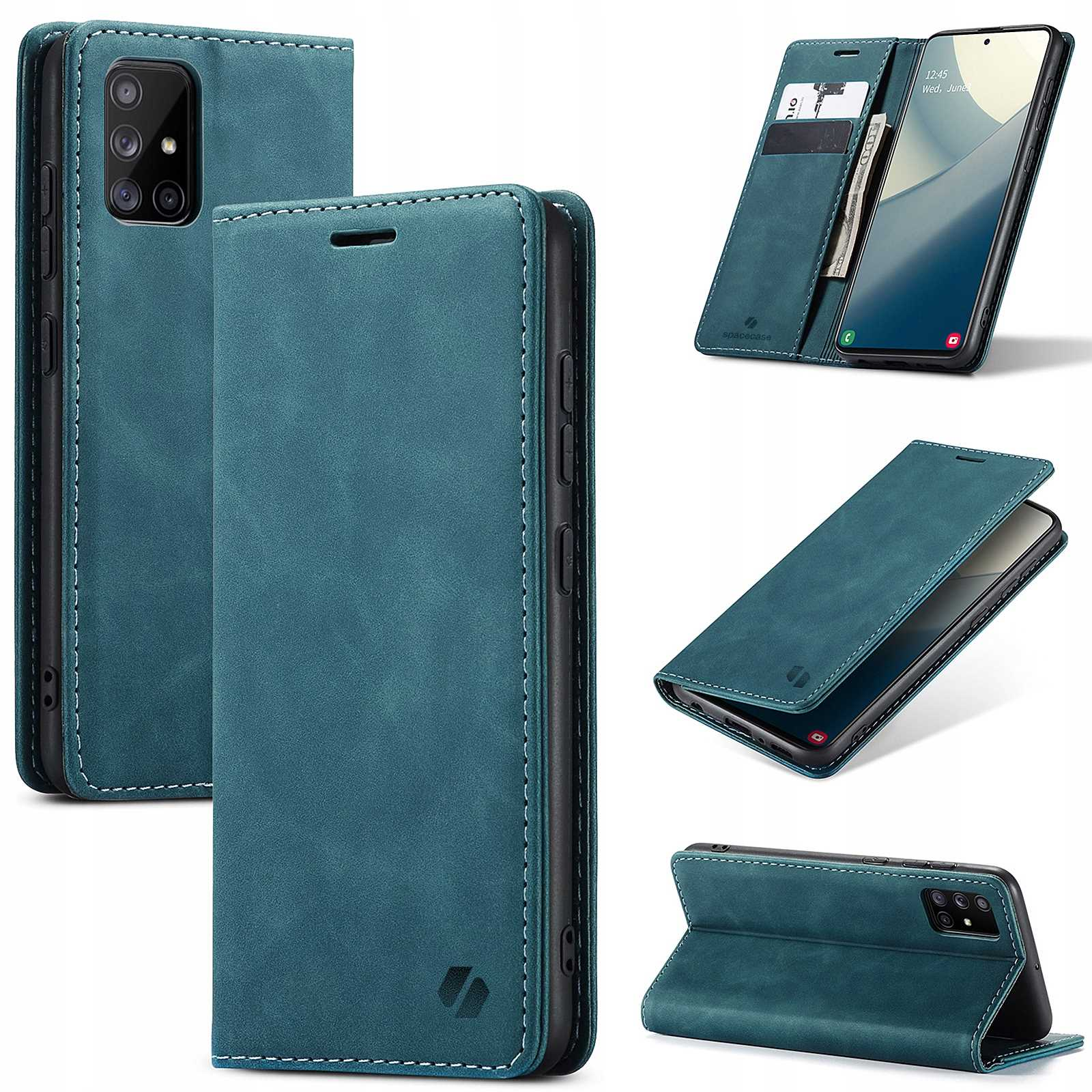 Wiele widoków turkusowego etui na telefon z telefonem w środku.