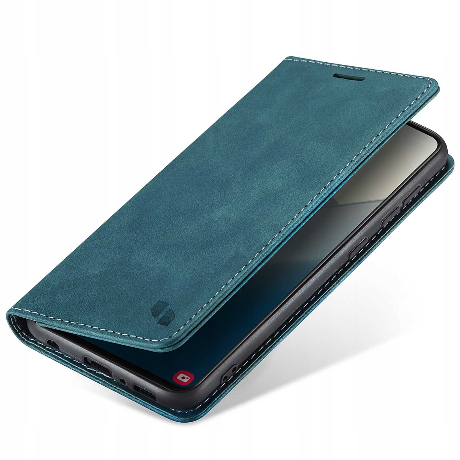 Niebieskie etui na telefon otwarte. Widoczny telefon w środku.