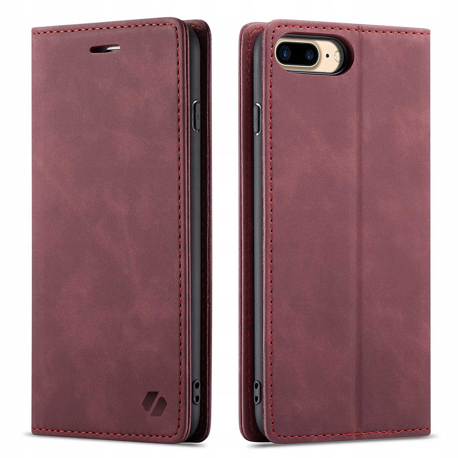 Bordowa obudowa telefonu, otwarta, pokazująca telefon. Czerwone szwy.