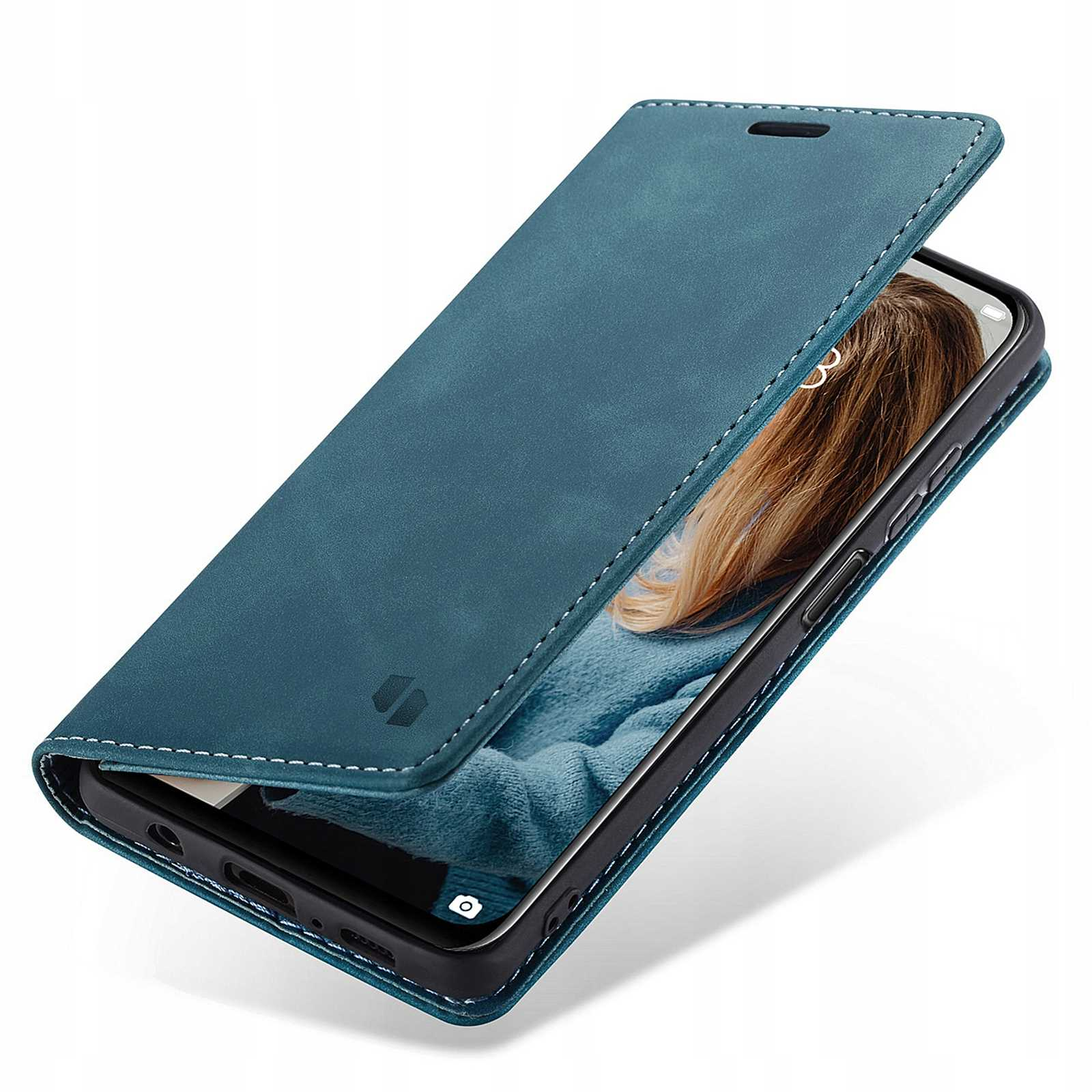 Turkusowe etui na telefon otwarte, z widocznym telefonem.