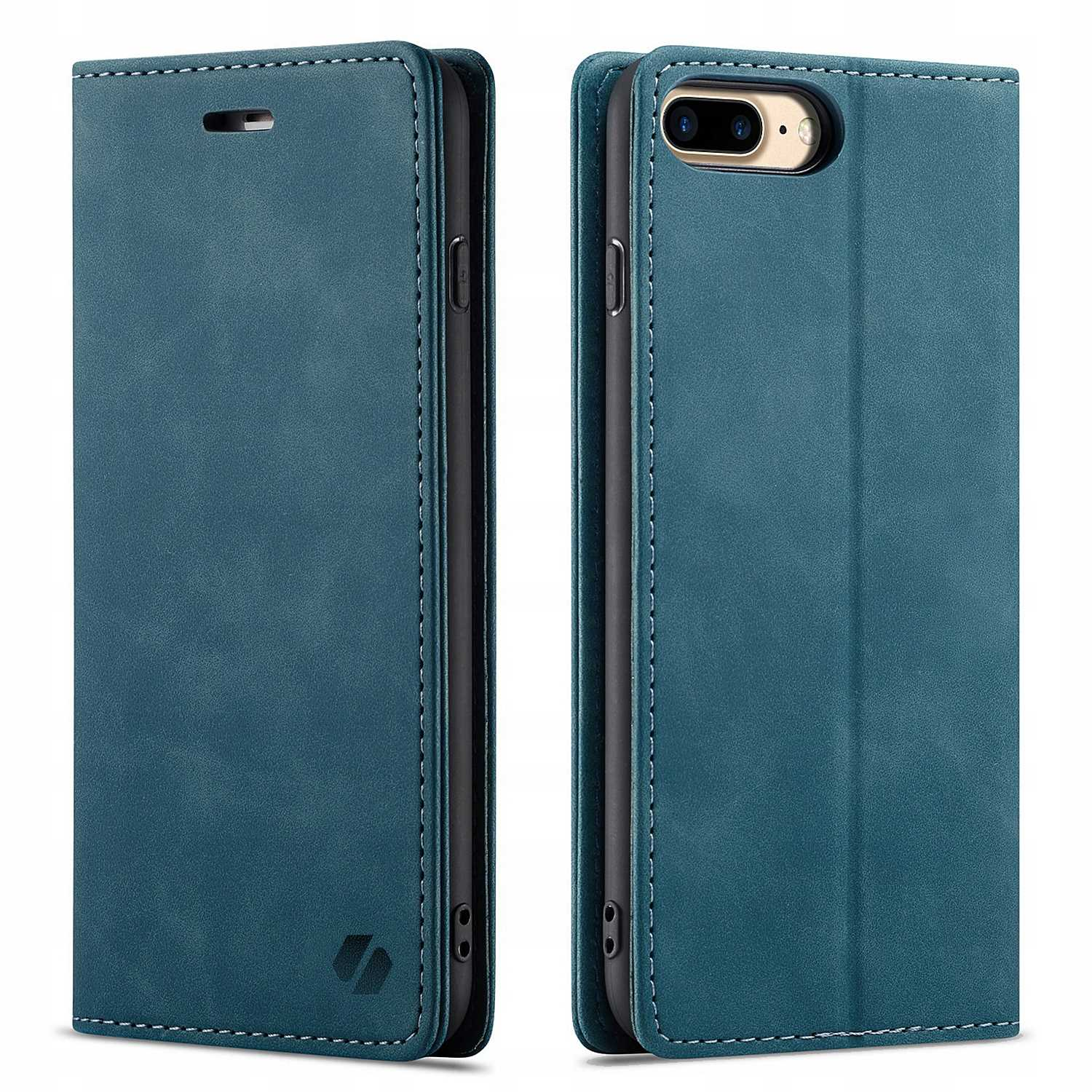 Turkusowa skórzana obudowa telefonu, zamknięta i otwarta, ze szwami i szczegółami aparatu.