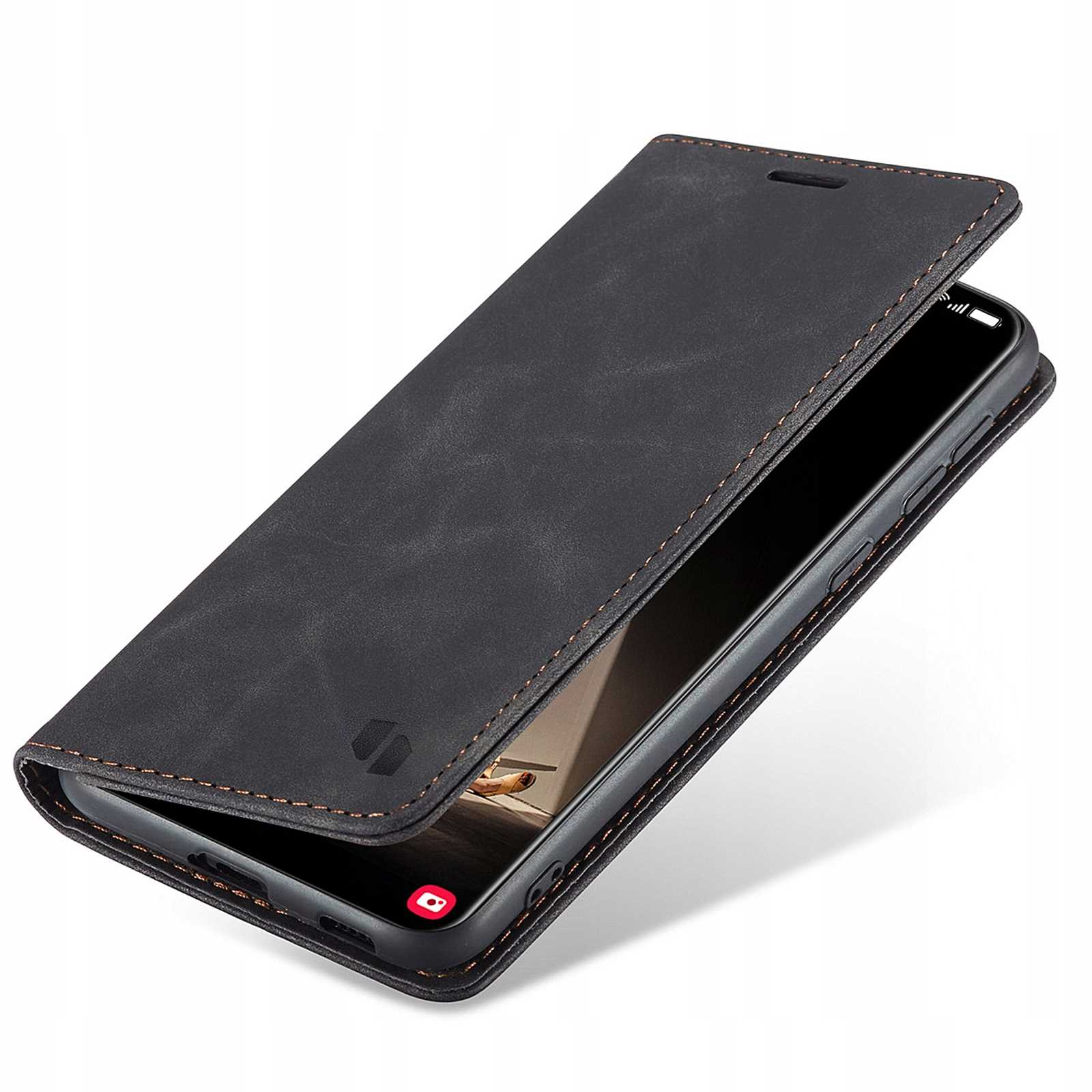 Czarne etui na telefon z telefonem w środku. Etui jest otwarte, a telefon pokazuje ekran.