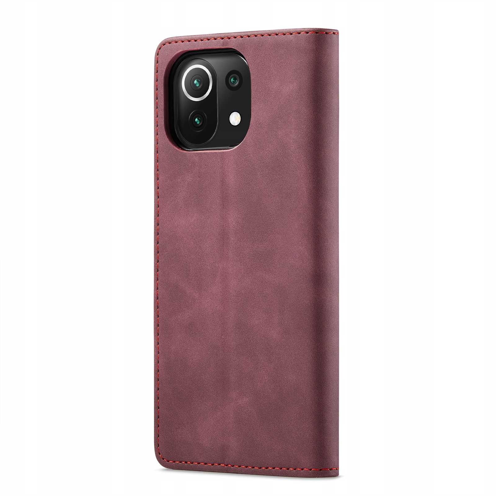 Otwarta bordowa obudowa telefonu, pokazująca telefon z aparatem i dwoma okręgami. Czerwone szwy otaczają obudowę.