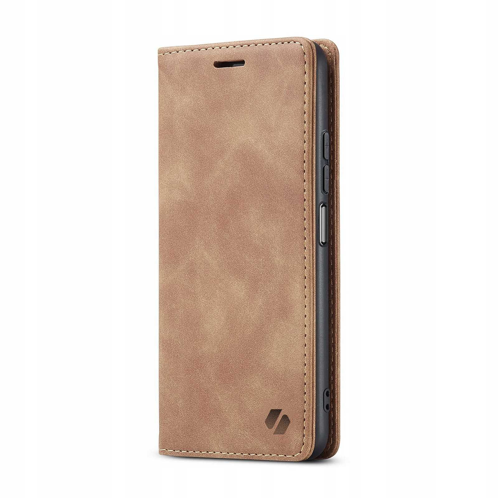 Zamknięte brązowe etui na telefon z brązowymi przeszyciami. Etui ma logo na dole.