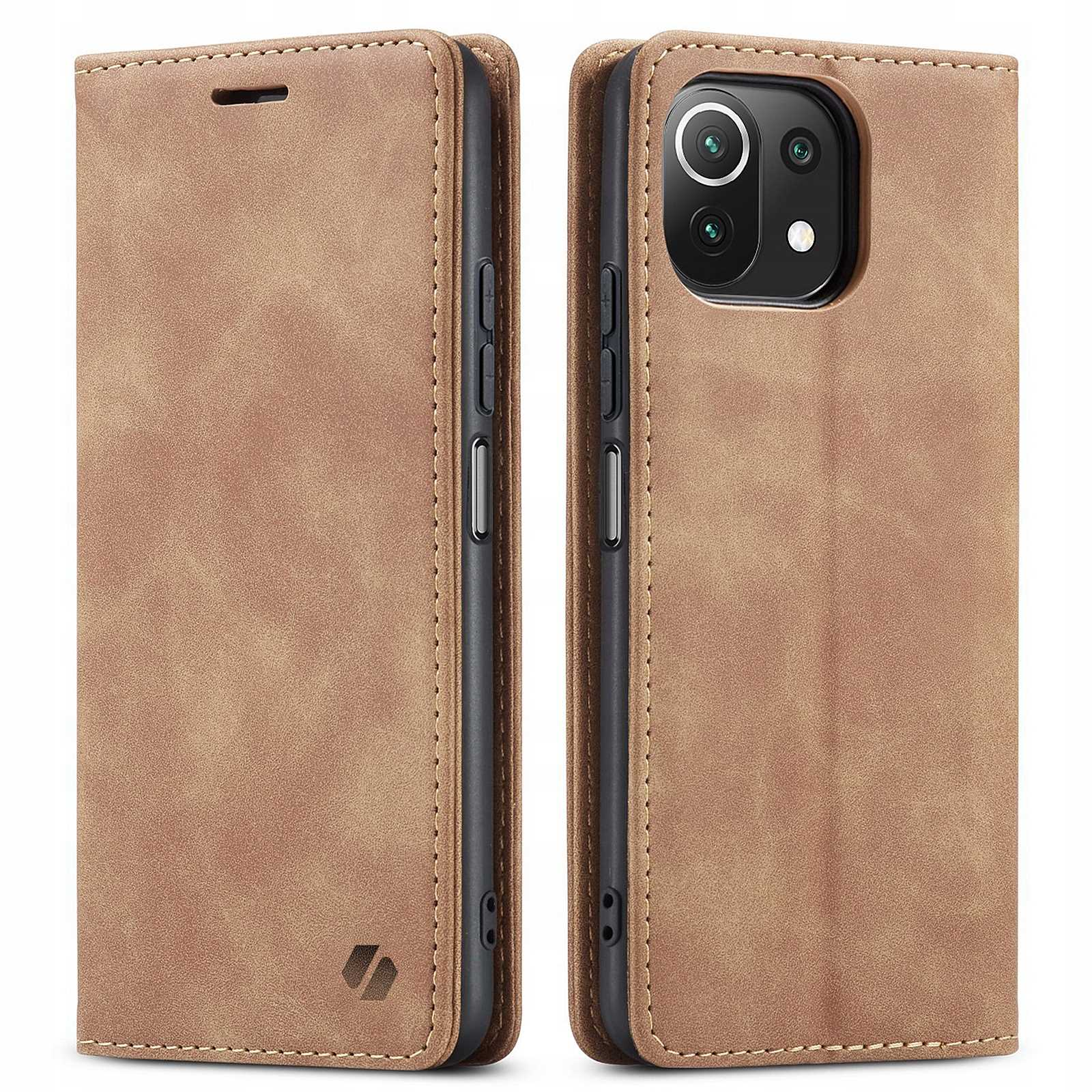 Brązowe skórzane etui na telefon. Pokazuje przód i tył etui, z telefonem w środku.