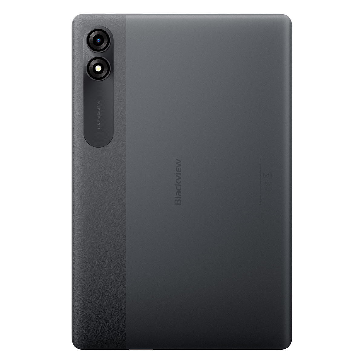Vista posteriore di un tablet grigio con fotocamere e logo 'Blackview'.