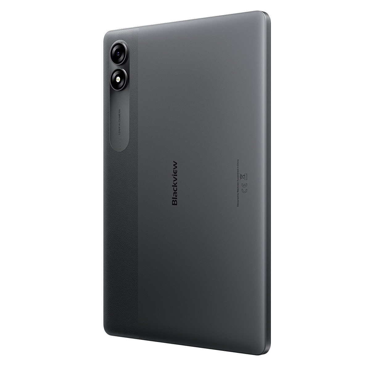 Vista posteriore del tablet grigio. Doppia fotocamera, logo Blackview e testo visibili.