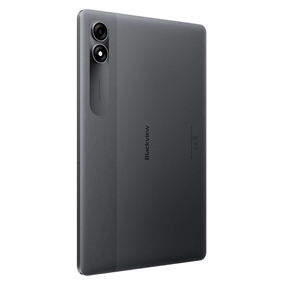 Un tablet, vista posteriore, grigio, con fotocamere e logo 'Blackview'.