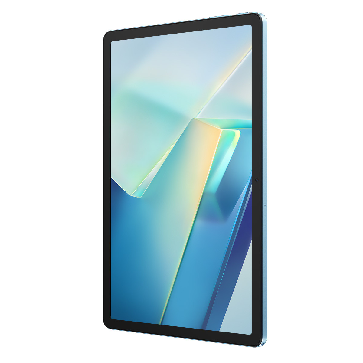Tablet blu, schermo con forme astratte blu e bianche, bordo nero. Vista laterale.
