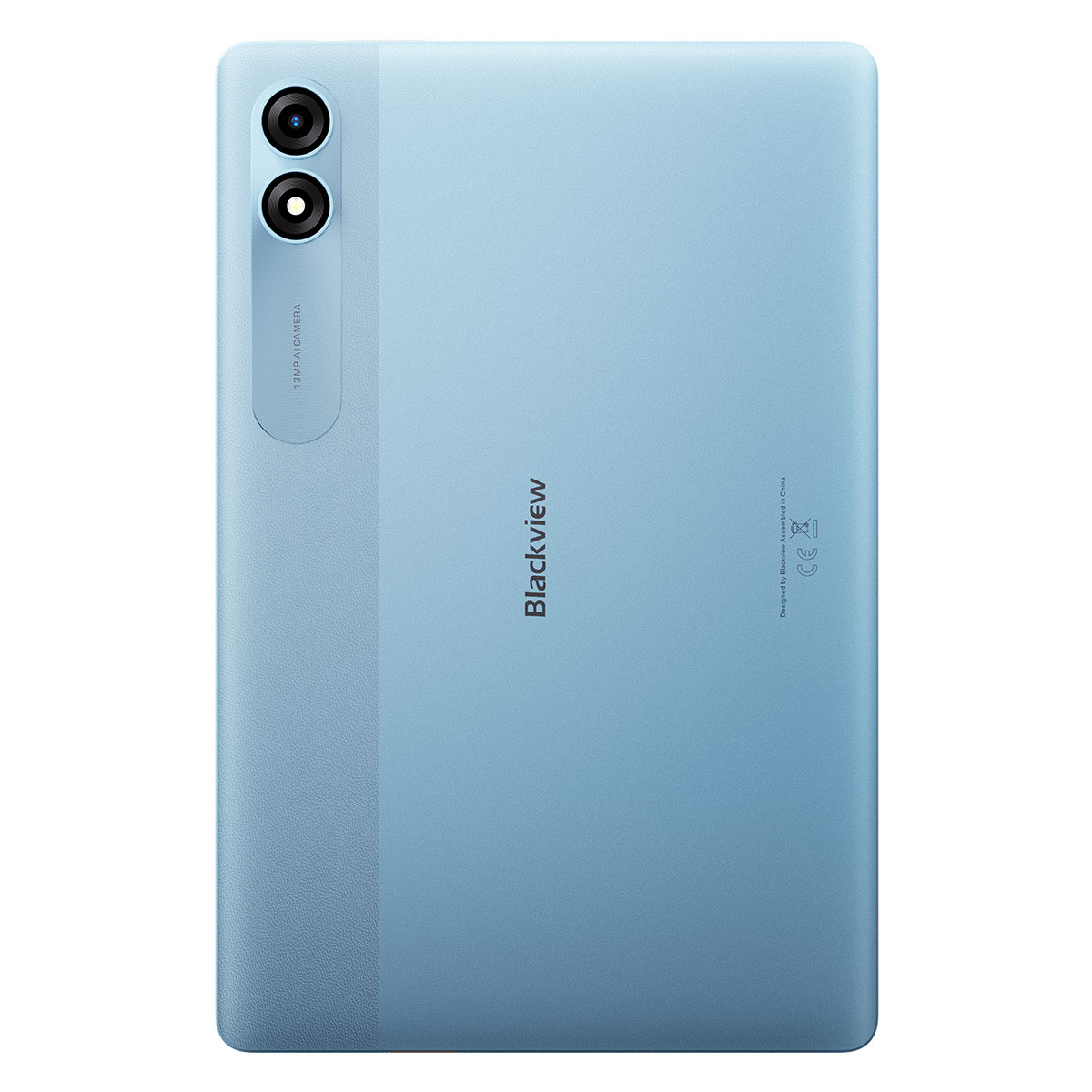 Vista posteriore del tablet blu. Doppia fotocamera, logo Blackview e testo visibili.