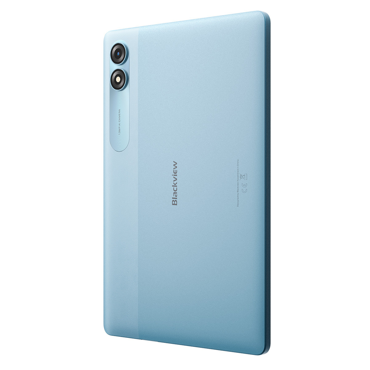 Retro tablet azzurro con fotocamera. Logo Blackview e testo: Progettato da Blackview, assemblato in Cina.