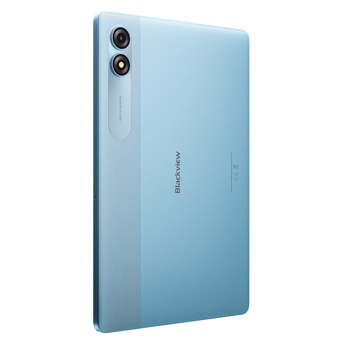 Retro tablet blu con fotocamera. Logo Blackview e testo: Progettato da Blackview, assemblato in Cina.