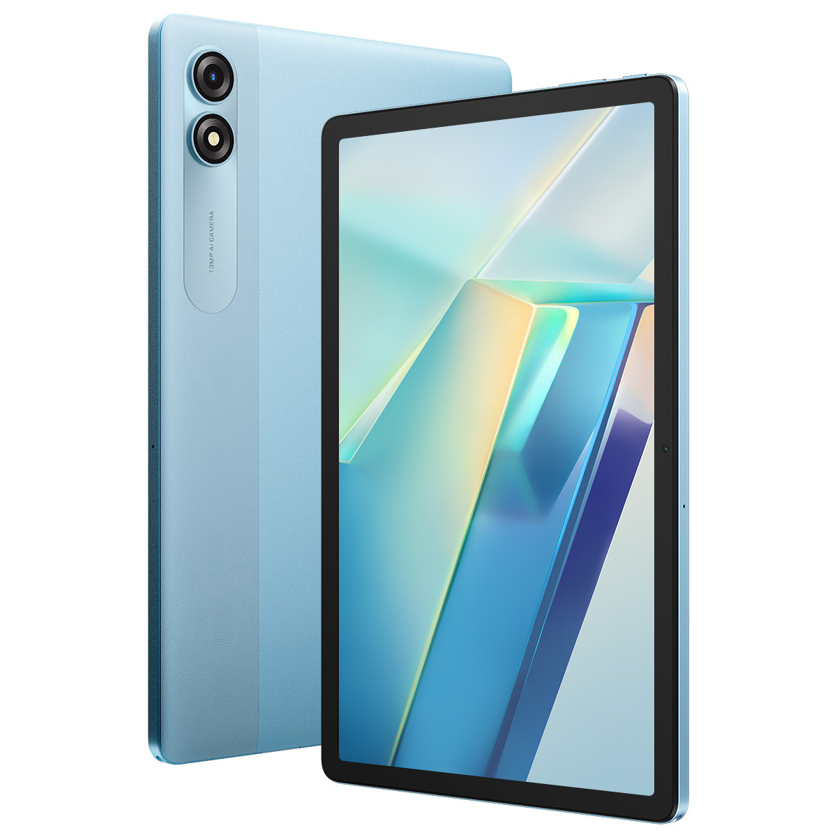 Un tablet azzurro e il suo retro con fotocamera, che mostra uno schermo con motivo astratto.