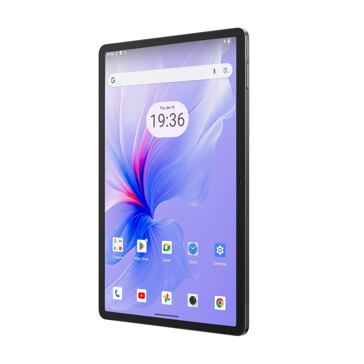 Un tablet con schermo bianco mostra un orologio su sfondo viola con icone di app.