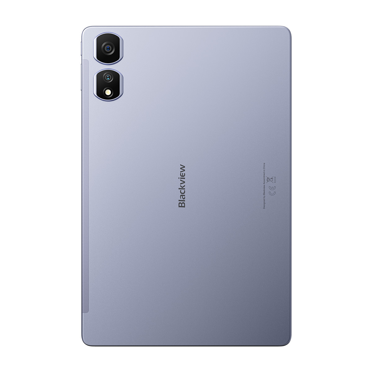 Retro tablet viola con due fotocamere, logo Blackview e testo normativo.