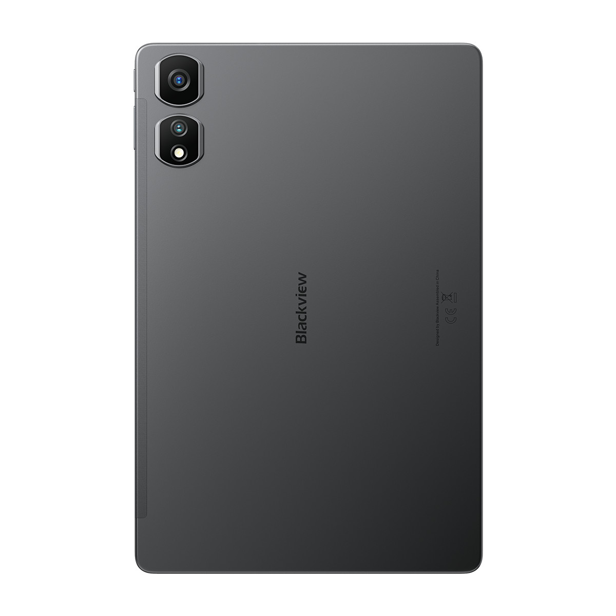 Retro di un tablet grigio scuro. Due fotocamere in alto. La parola Blackview è sul retro.