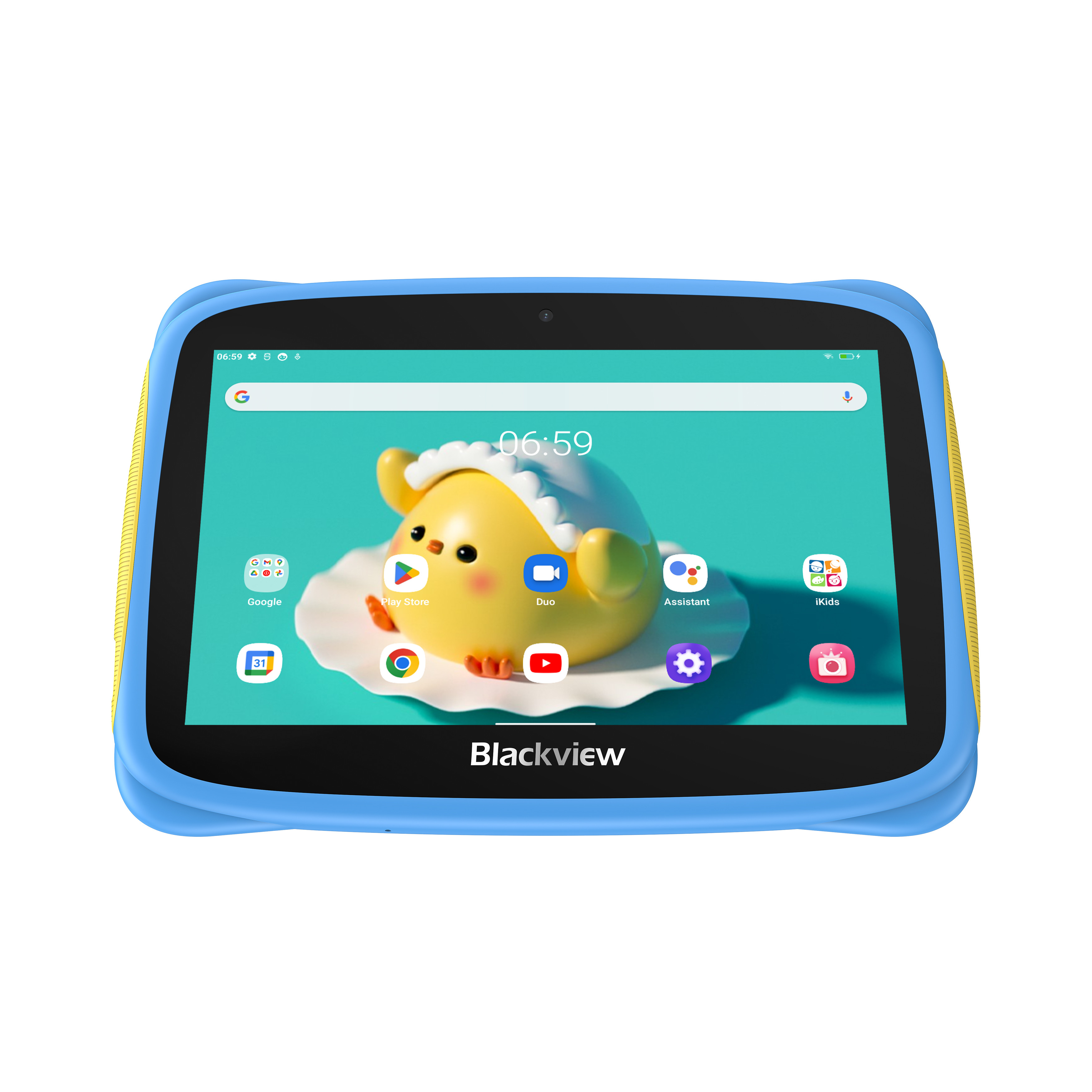 Tablet con un pulcino dei cartoni animati sullo schermo. Lo schermo è luminoso con icone e una cornice nera.
