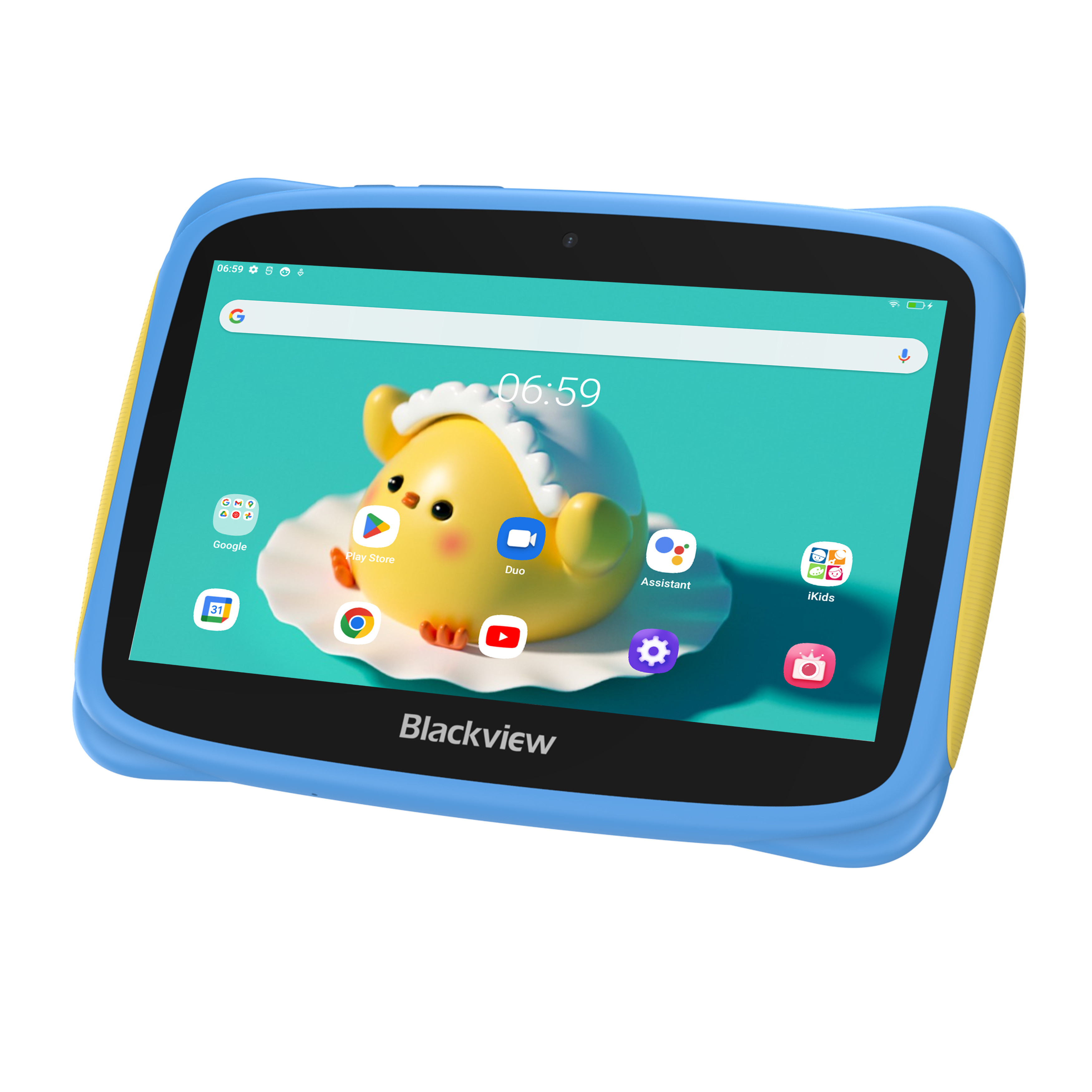 Tablet con un pulcino dei cartoni animati sullo schermo. Lo schermo è luminoso con icone e una cornice nera.