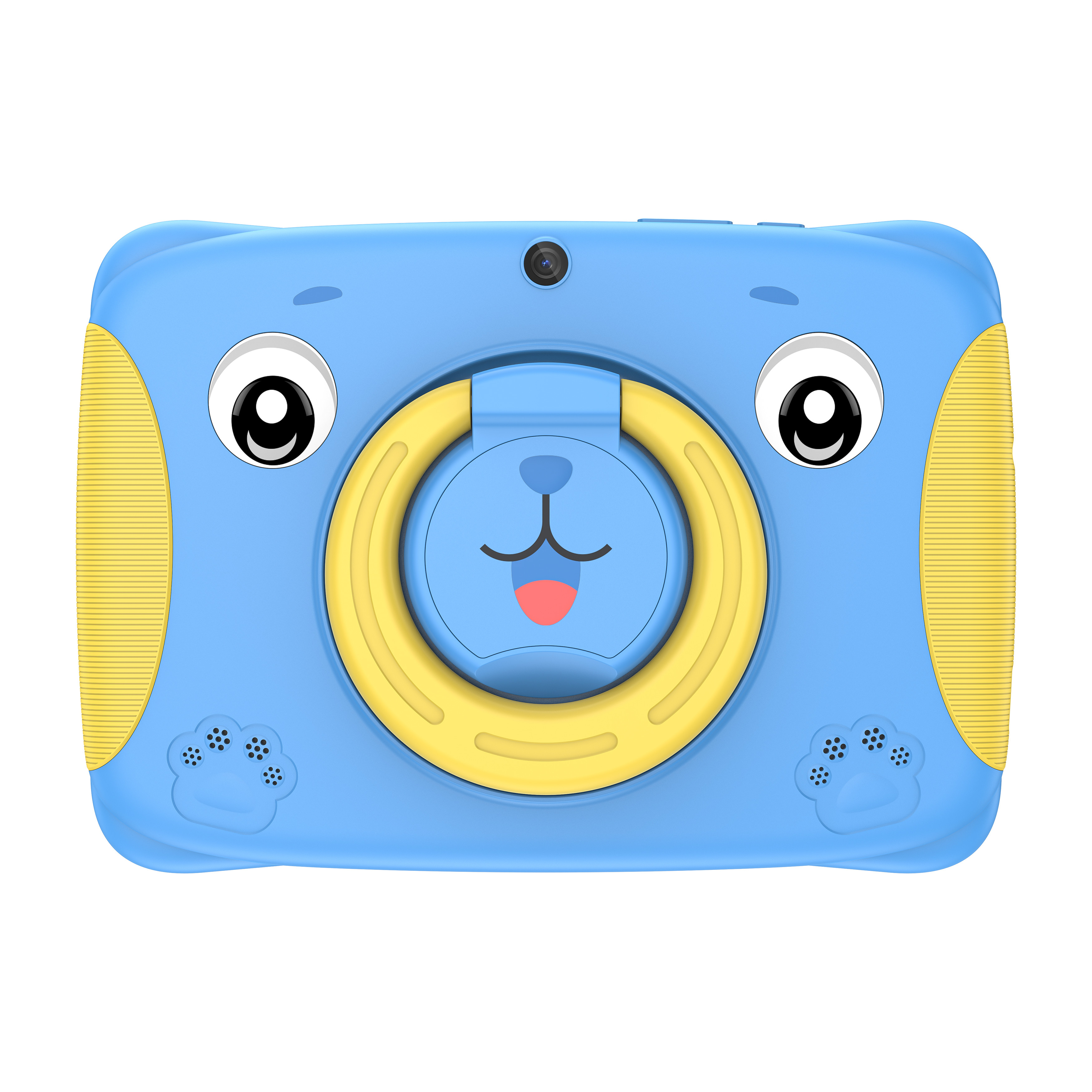 Tablet blu con simpatico design a forma di muso di cane dei cartoni animati. Con occhi, naso, bocca, manico.