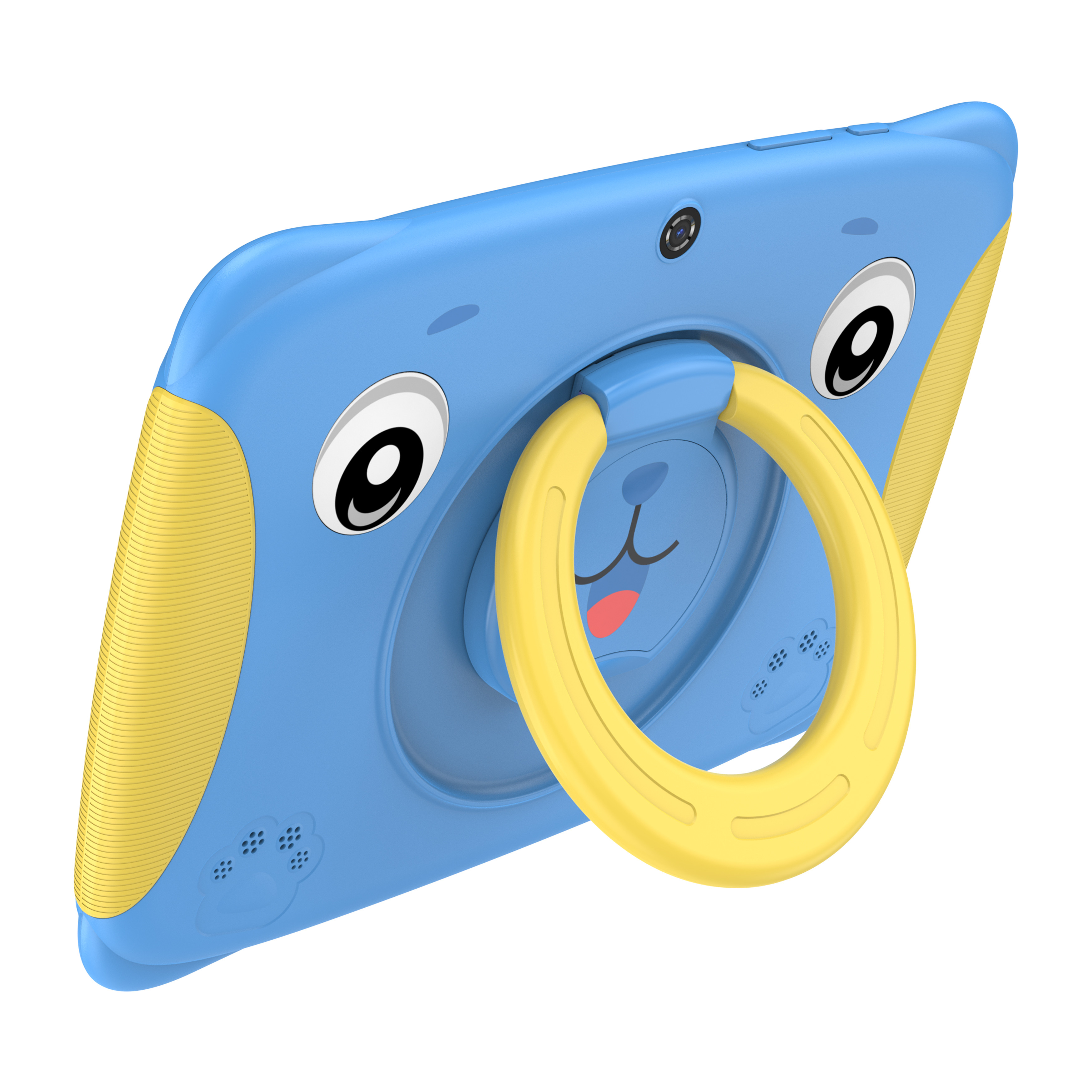 Tablet blu con accenti gialli, design a forma di orso, con supporto ad anello sul retro.