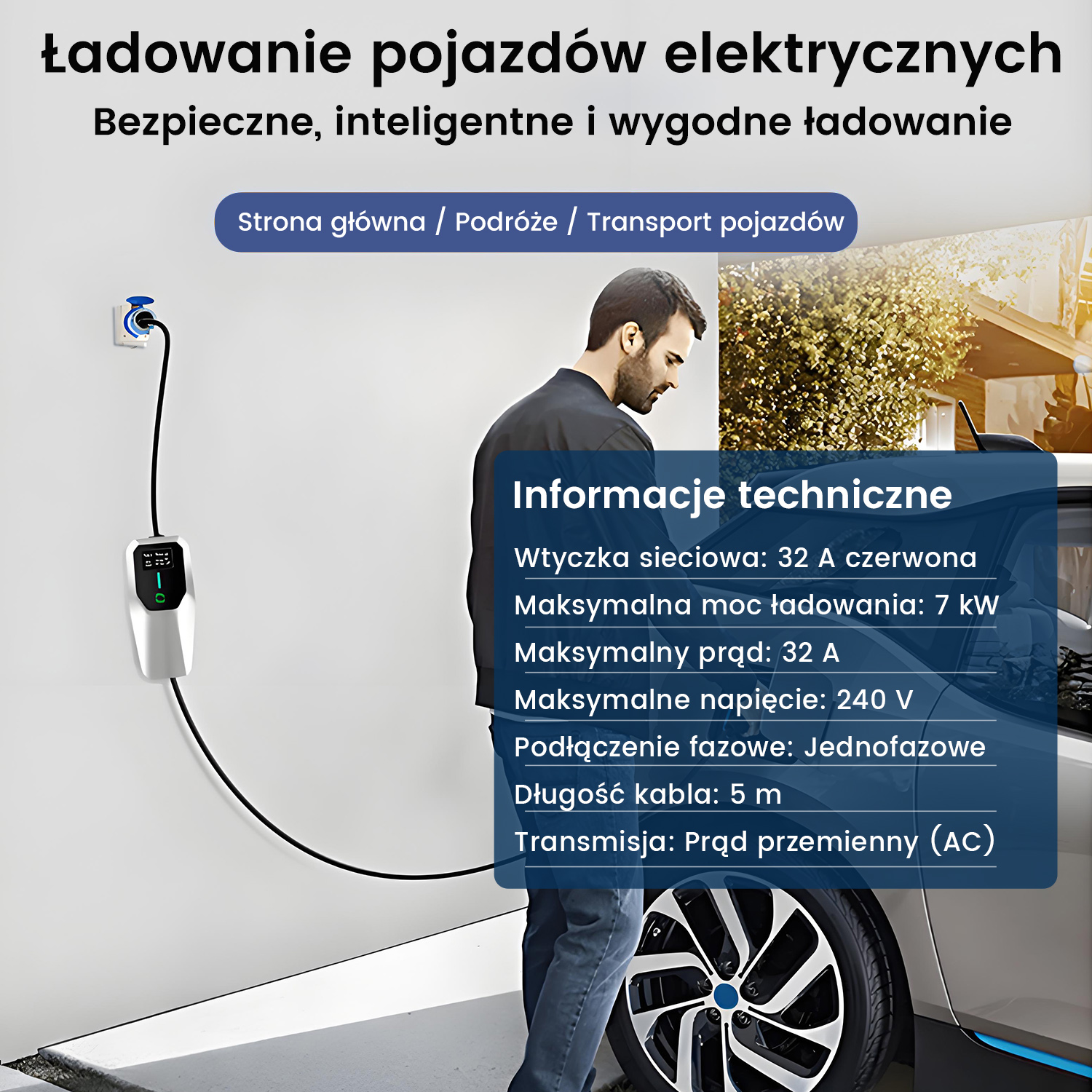 Diagram przedstawia informacje o ładowaniu i specyfikacje techniczne dla pojazdów elektrycznych.