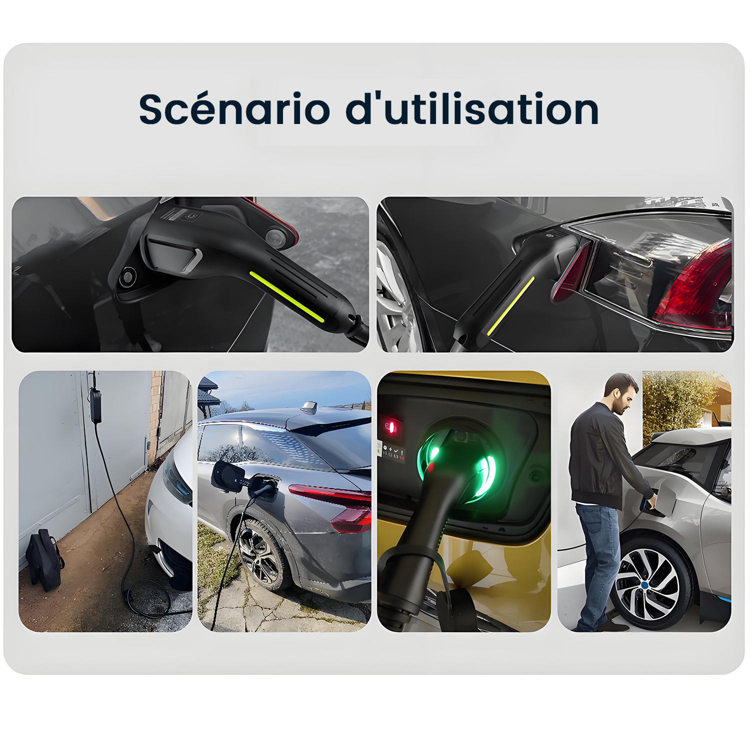 Różne zdjęcia pokazujące, jak podłączyć i używać ładowarki EV.