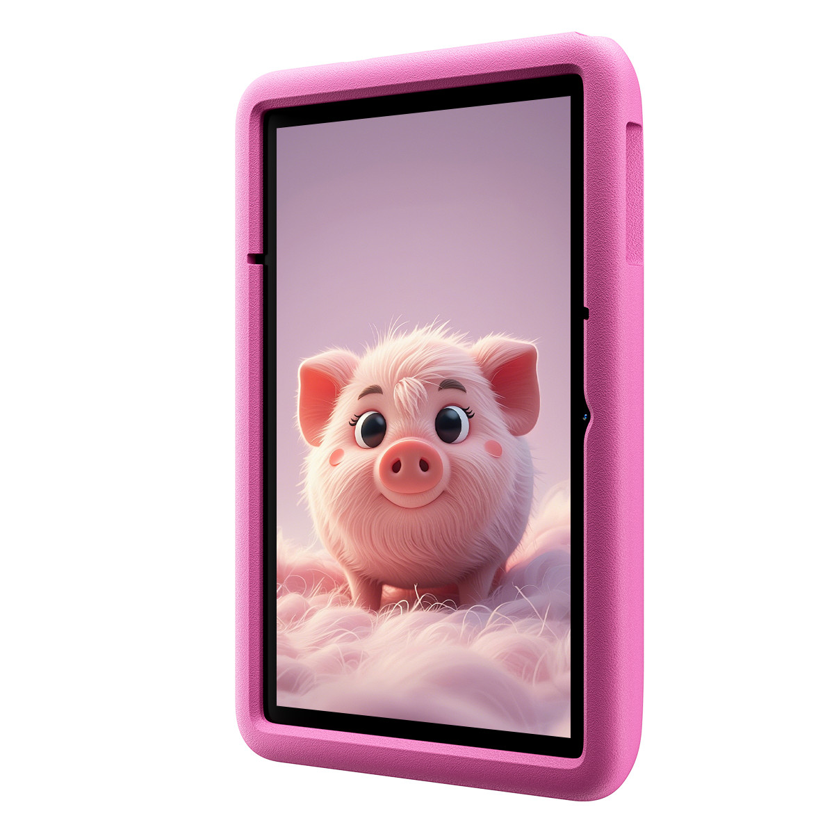 Ekranda bir domuz bulunan pembe bir tablet kılıfı. Domuz pembe ve tüylü, pembe bir arka plan üzerinde.