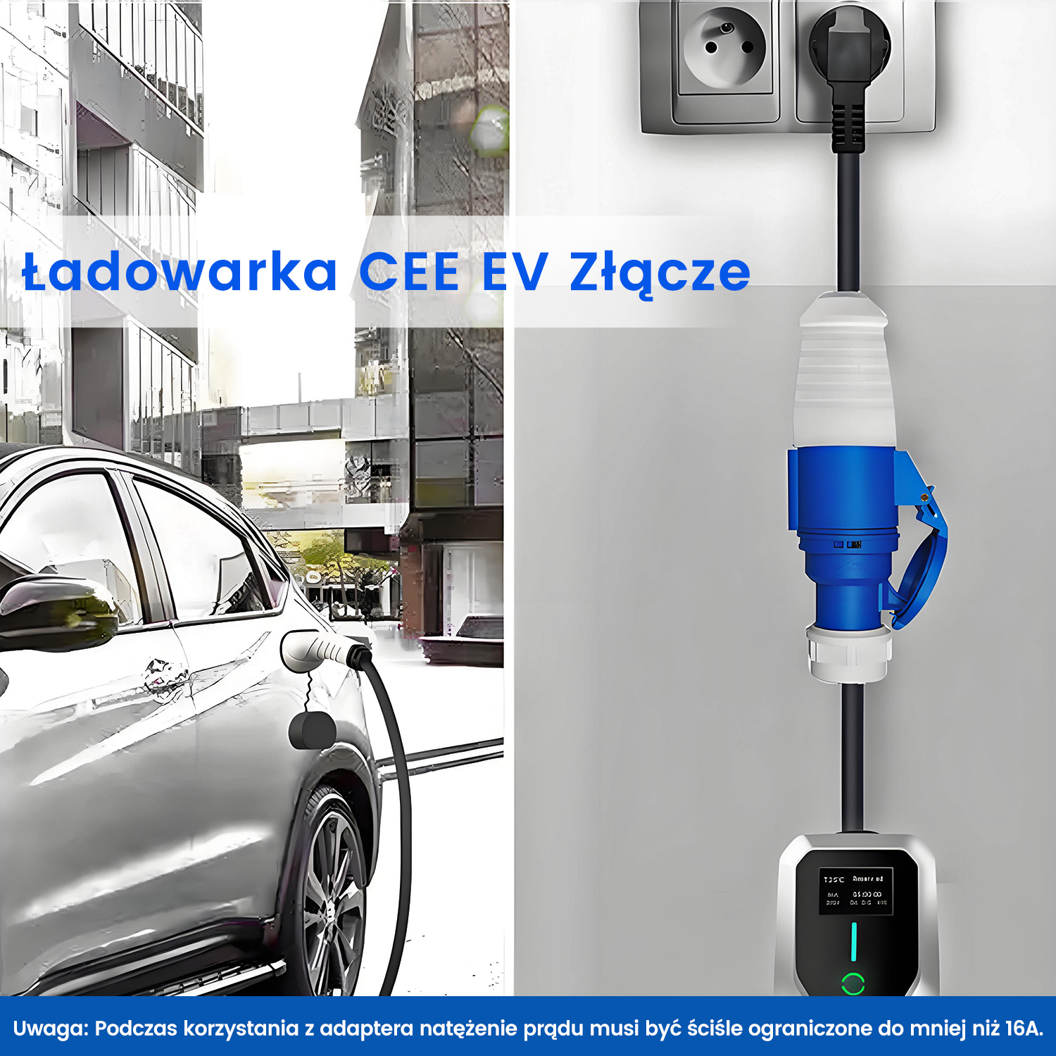 Konfiguracja ładowania samochodu elektrycznego z niebiesko-białą ładowarką podłączoną do gniazdka ściennego.