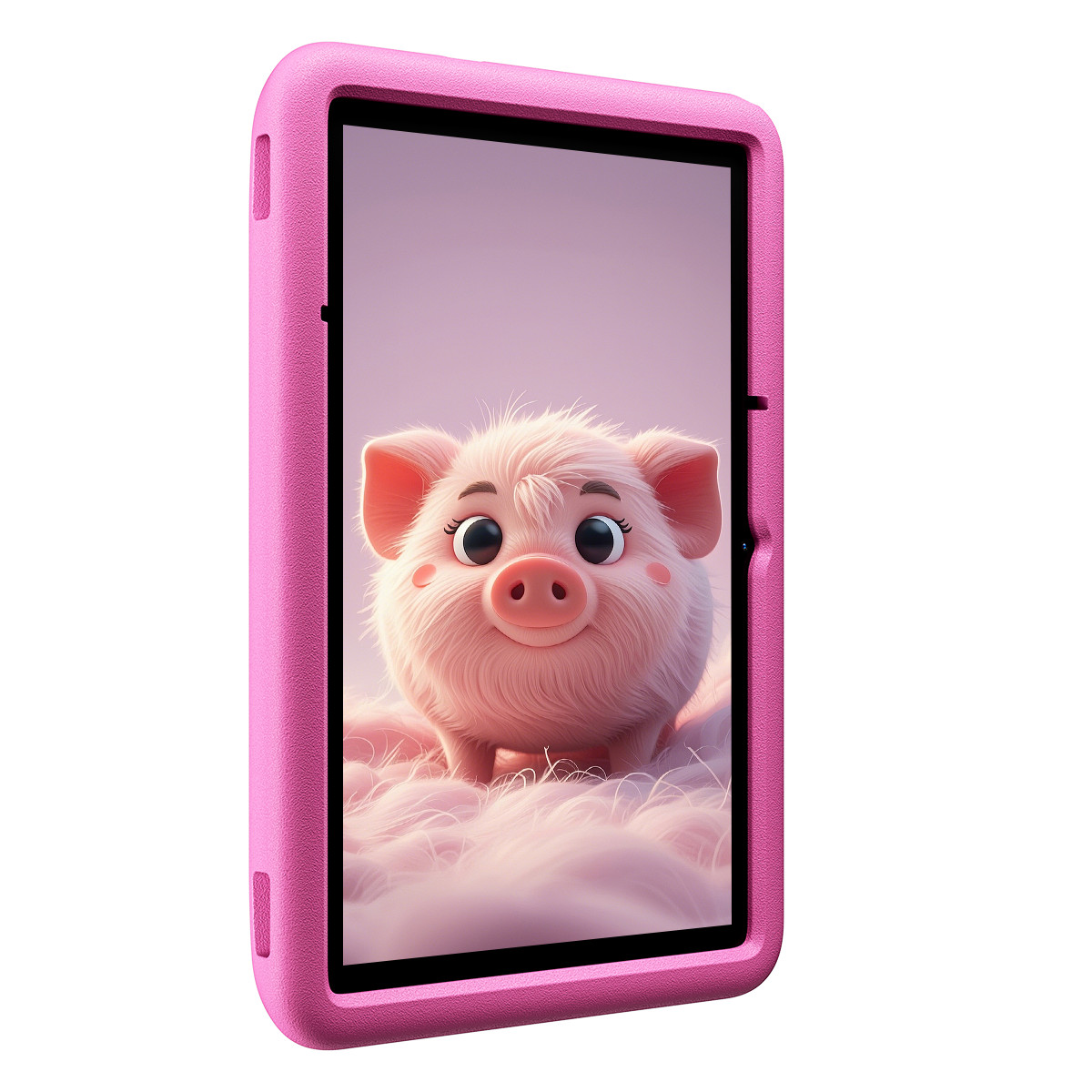 Ekranda bir domuz bulunan pembe bir tablet kılıfı. Domuz pembe ve tüylü, pembe bir arka plan üzerinde.