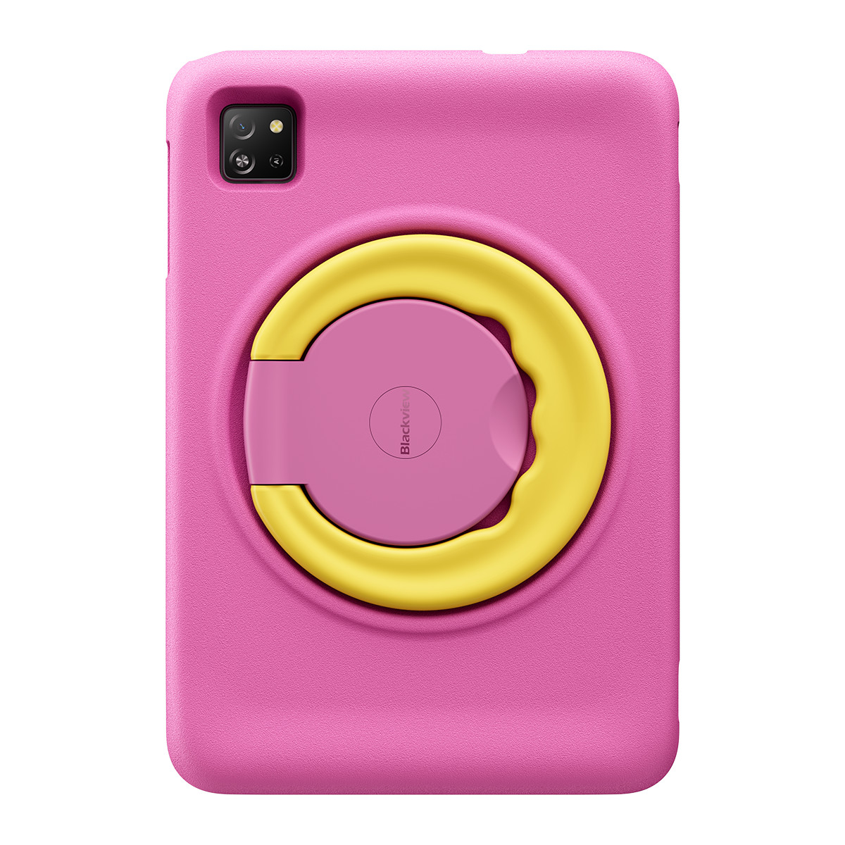 Sarı bir tutacağı olan pembe tablet kılıfı. Tablet kılıfının arkası görünür.