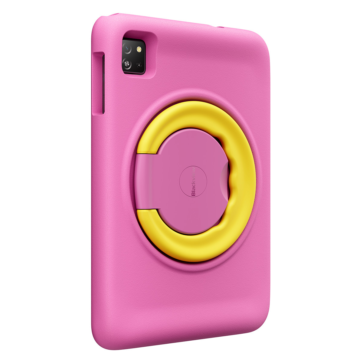 Arkada sarı bir tutacağı olan pembe bir tablet kılıfı. Üst sol kısımda bir kamera merceği.