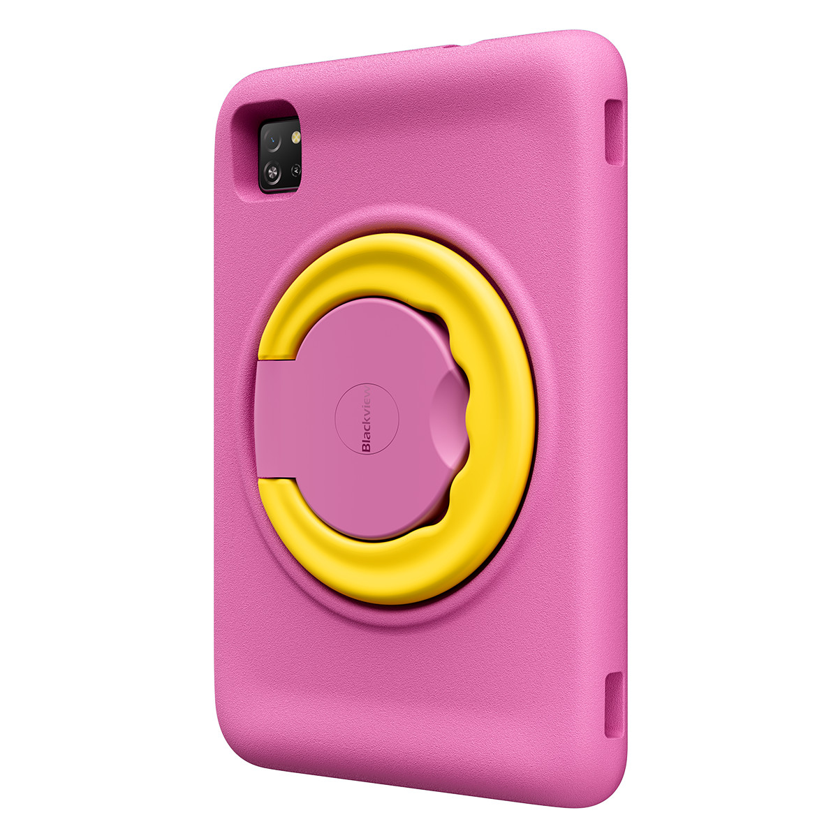 Arkada sarı bir tutacağı olan pembe bir tablet kılıfı. Üst sol kısımda bir kamera merceği.