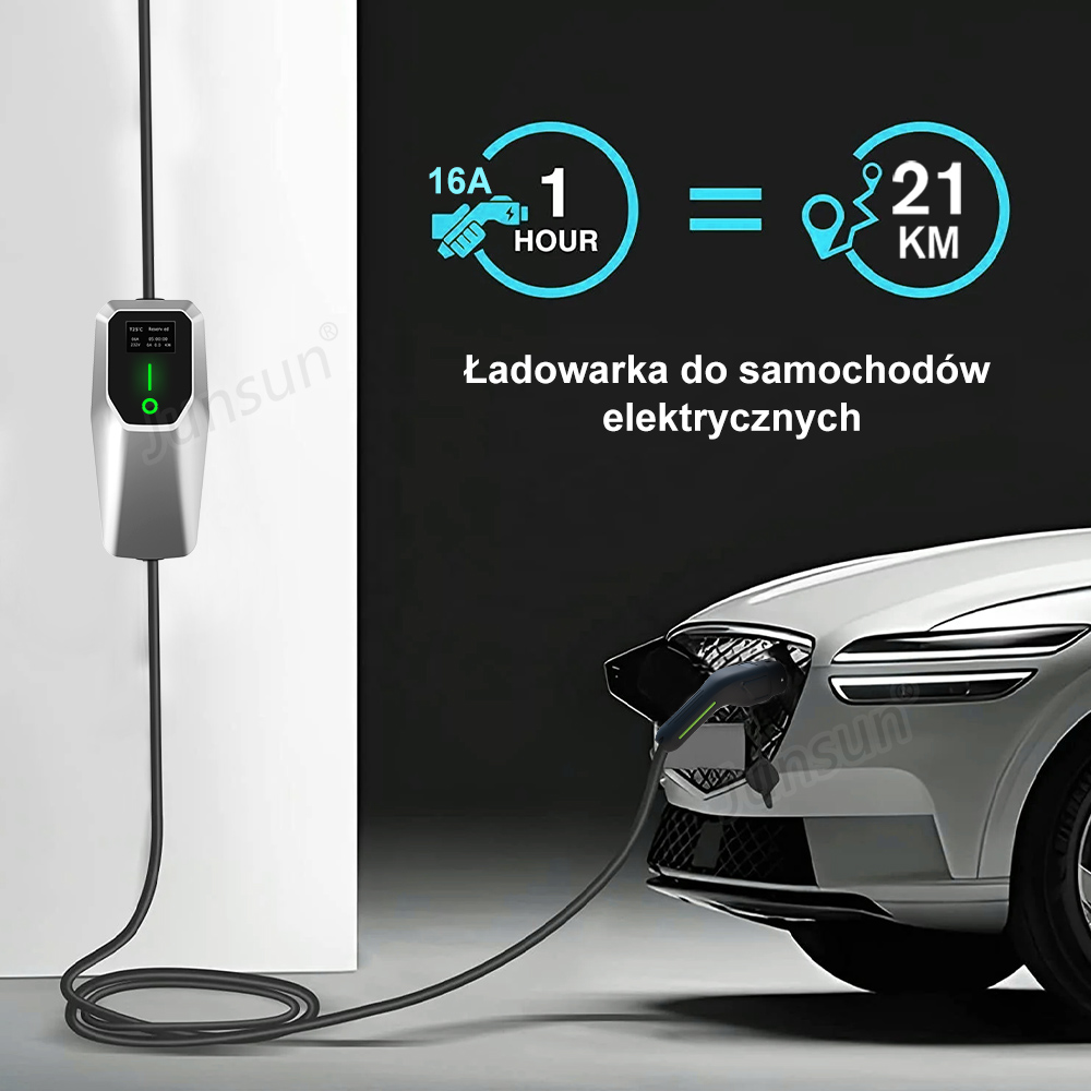 Schemat pokazujący ładowarkę EV ładującą samochód, z etykietami tekstowymi, w tym 16A = 21KM.
