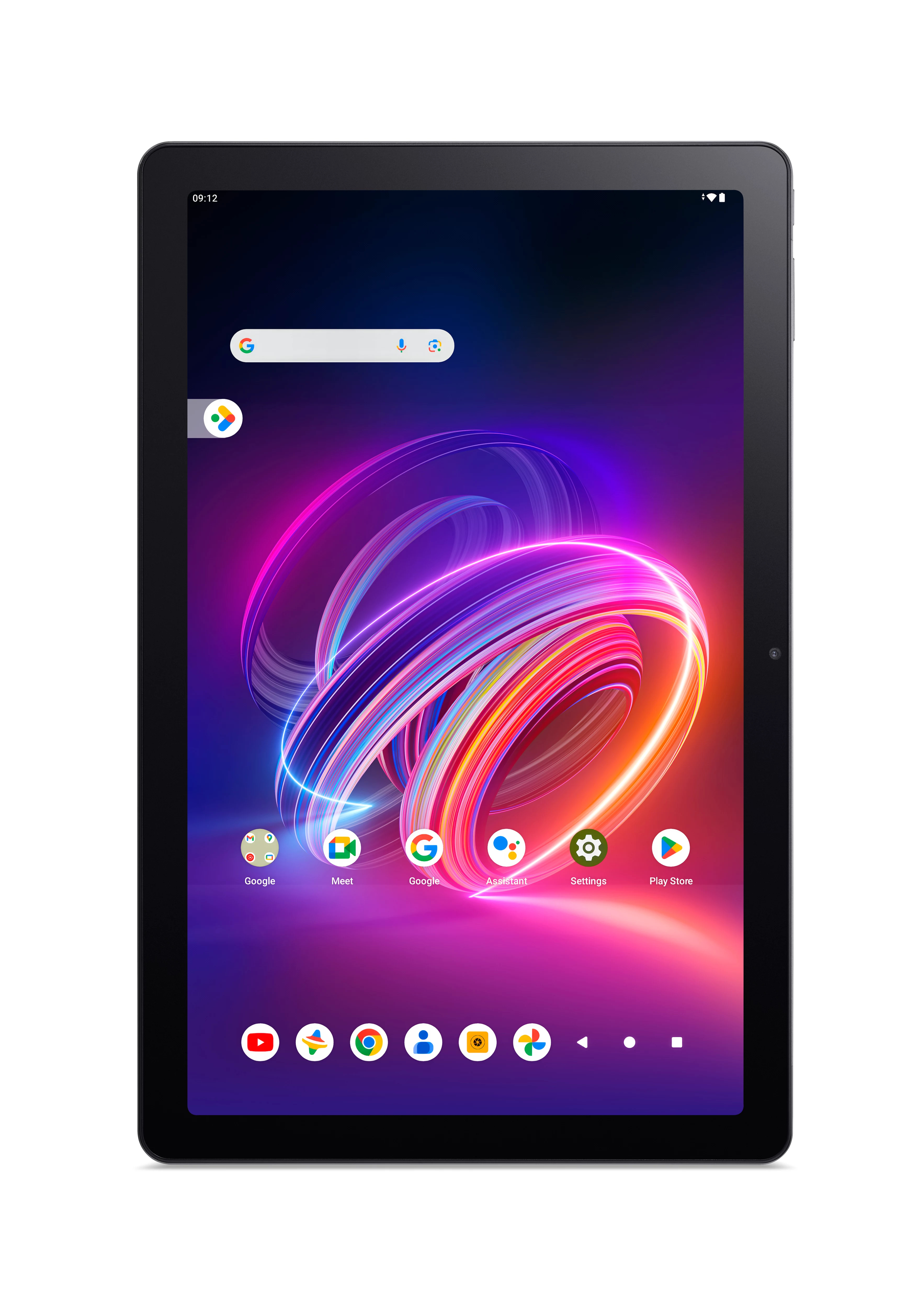 Tablet z czarną ramką. Ekran wyświetla kolorowe, abstrakcyjne tło z ikonami aplikacji.