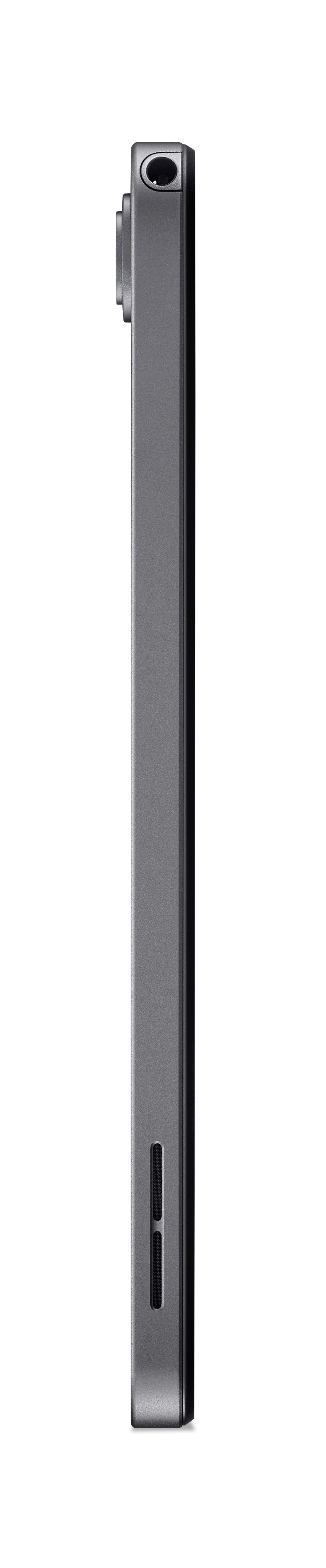 Widok z boku tabletu, ciemnoszary kolor. Widoczna kamera i port ładowania, z otworami głośników.