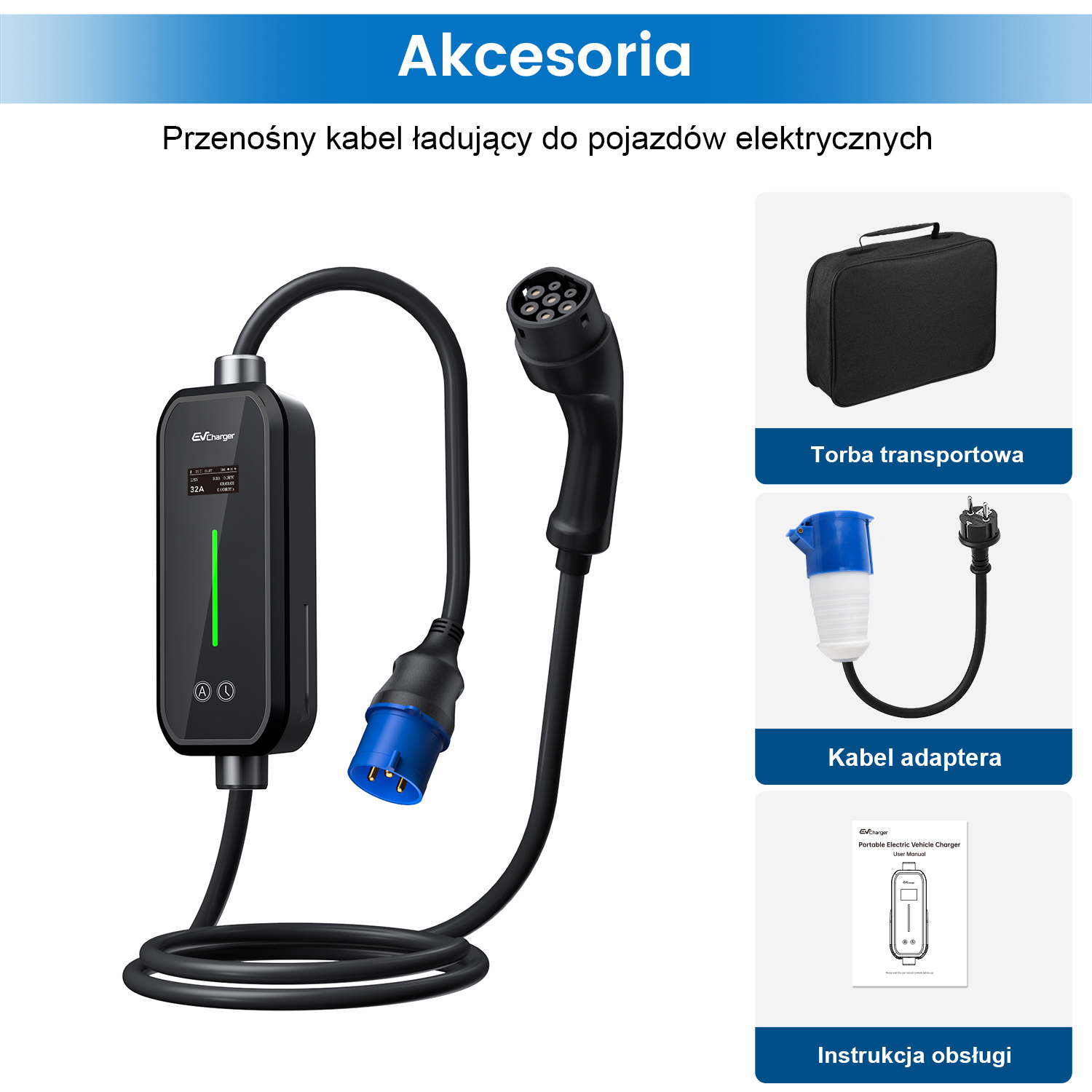 Akcesoria do ładowarki EV. Zawiera ładowarkę, różne typy złączy, czarną torbę i instrukcję obsługi.