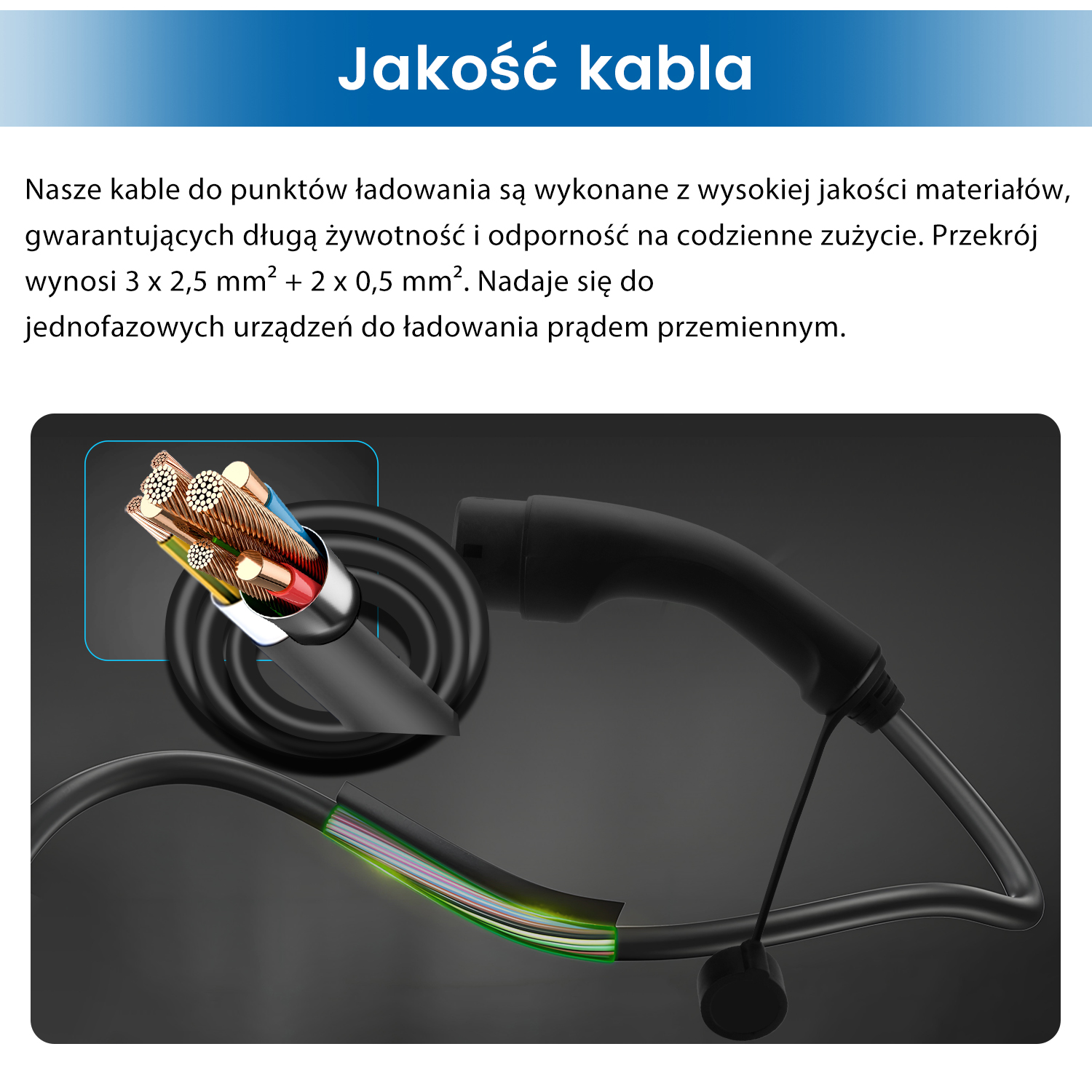 Szczegół przekroju kabla. Czarny kabel ładujący z tekstem. Kabel z otwartymi przewodami dla ilustracji.