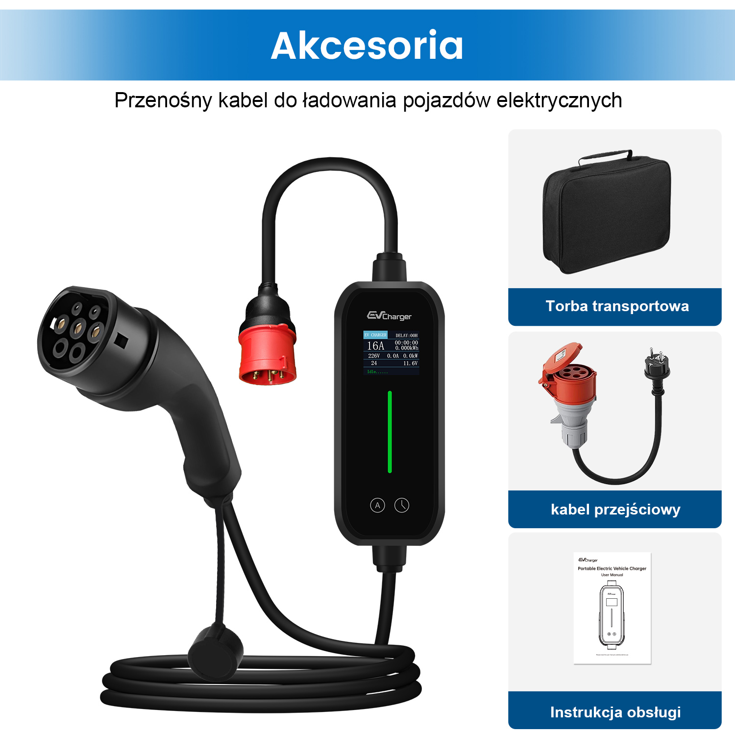 Zestaw ładowarki EV: ładowarka, kabel ładujący i akcesoria. Czarny kabel ładujący i akcesoria na białym tle.