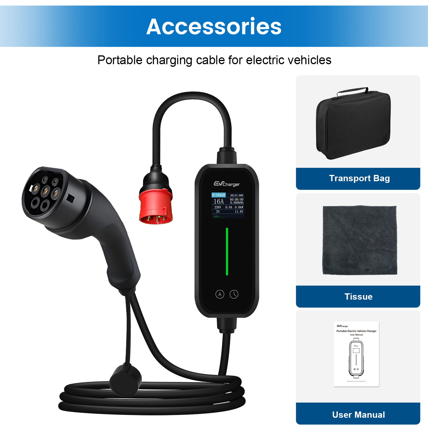 Akcesoria do pojazdów elektrycznych. Zawiera ładowarkę, torbę transportową, chusteczkę i instrukcję obsługi.