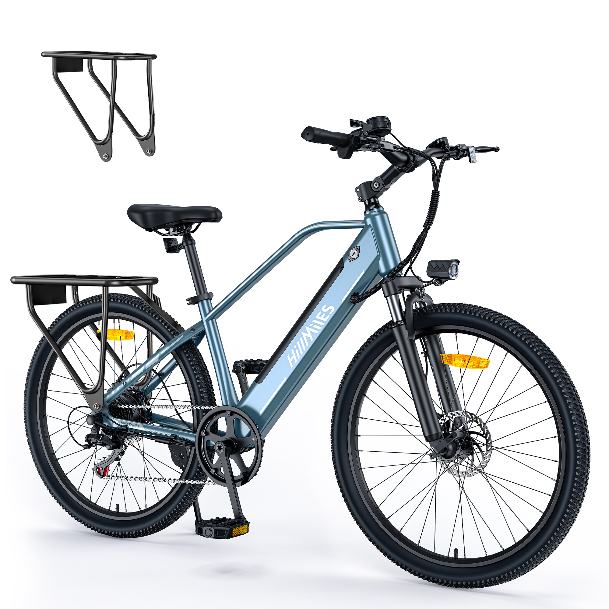 Niebiesko-czarny rower górski z bagażnikiem i osobnym stelażem do montażu.