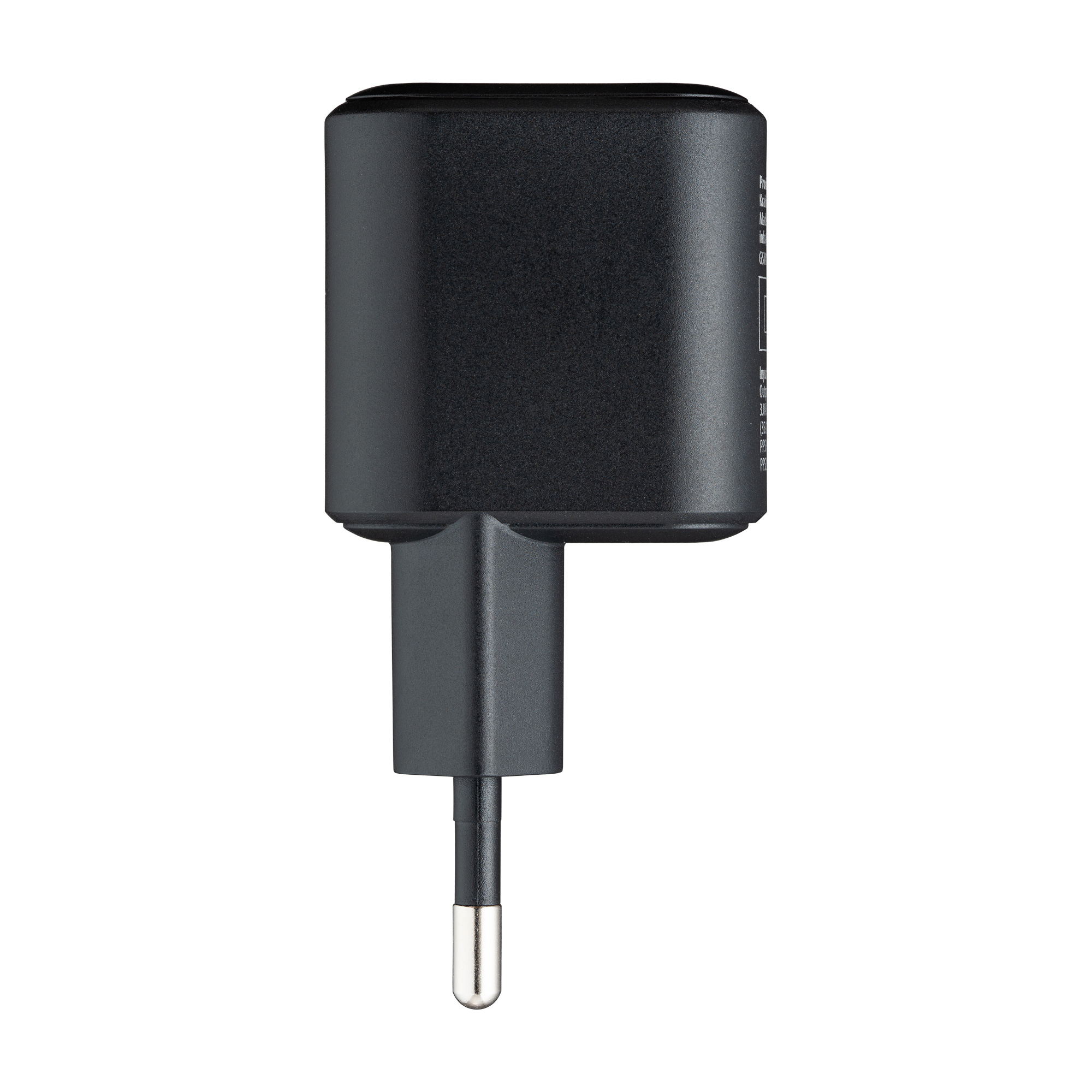 Czarna ładowarka z wtyczką. Ma prostokątny korpus i wtyczkę na dole.