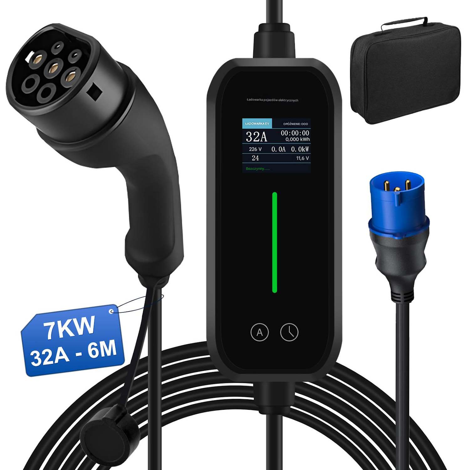 Czarny kabel ładujący z ekranem i portem ładowania. Zawiera torbę transportową.