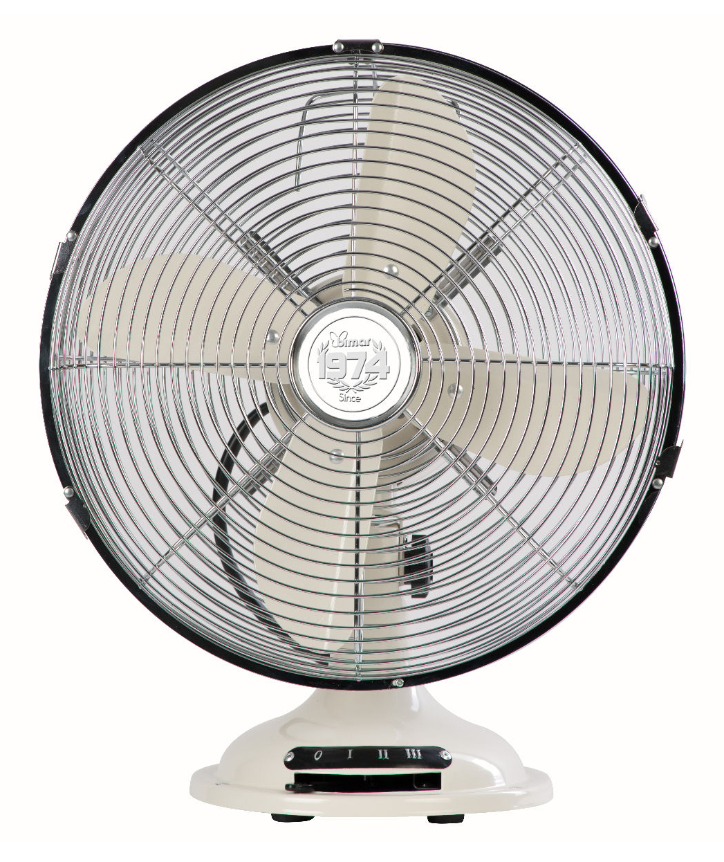 A vintage-style fan with a cream base and blades, metal cage, and a black ring. It has a dial at the bottom.