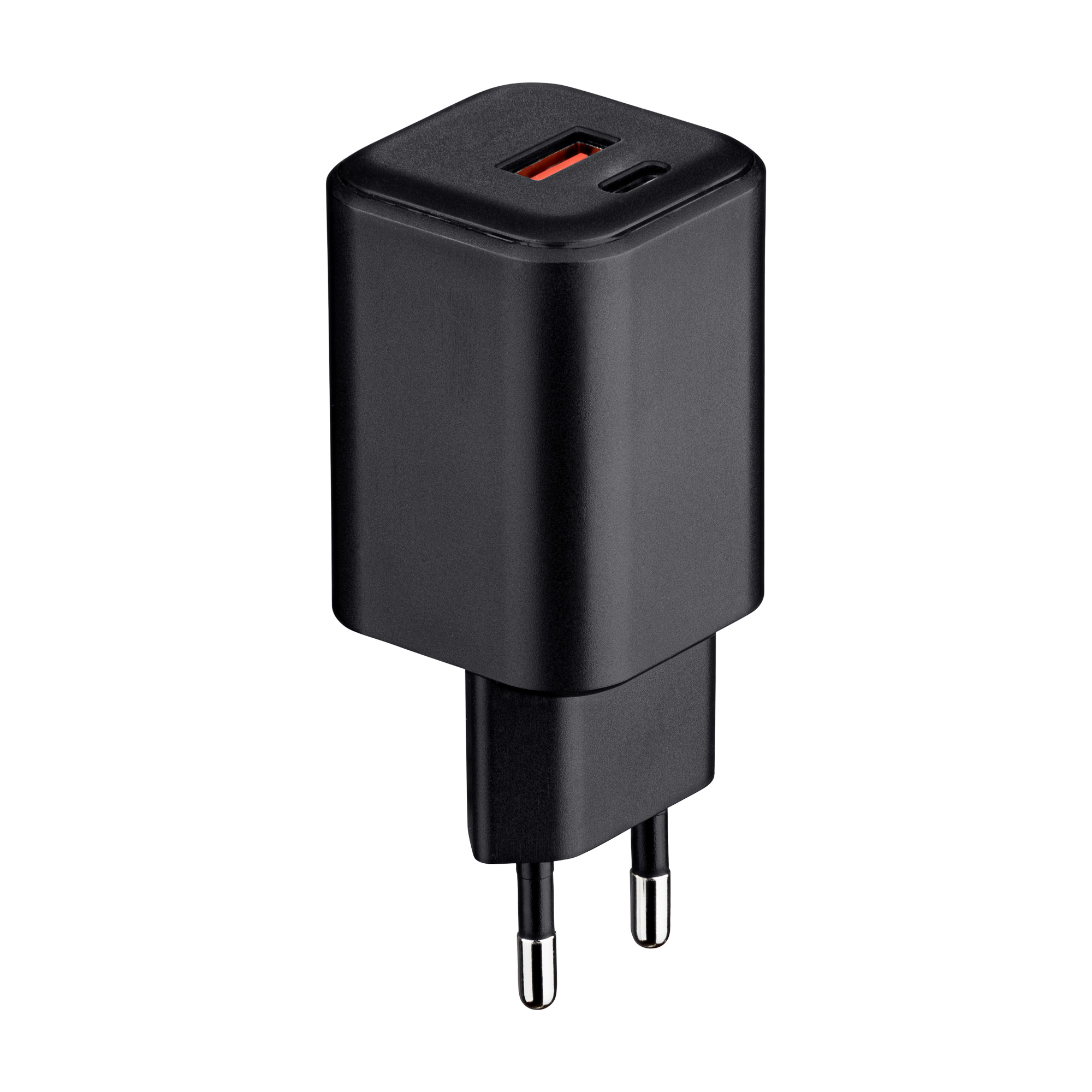 Czarny adapter zasilania z dwoma pinami i portem USB-C. Ładowarka ma kwadratowy kształt.