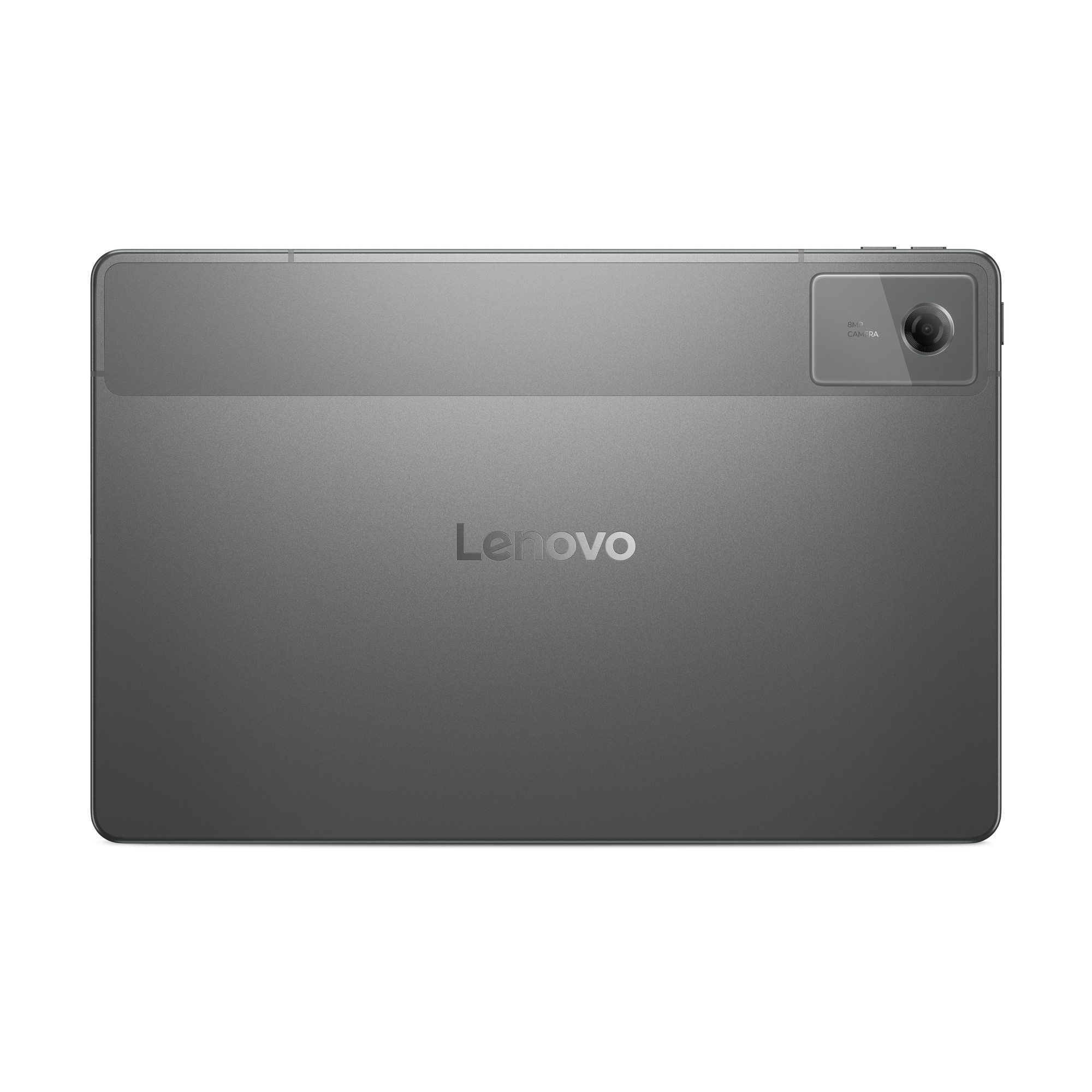 Szary tablet Lenovo, widok z tyłu z logo Lenovo i aparatem.
