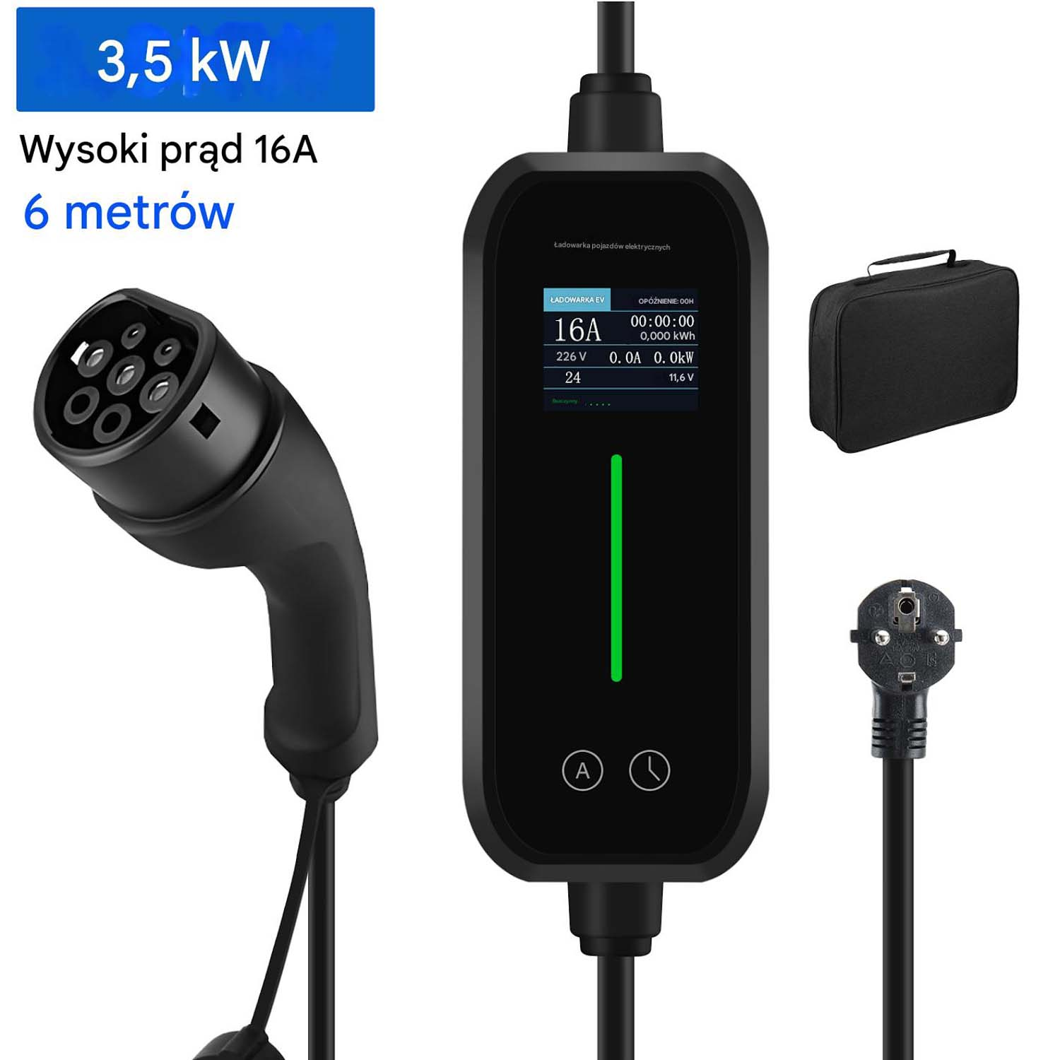 Czarna ładowarka EV z wyświetlaczem, kablem, portem ładowania i czarną torbą.