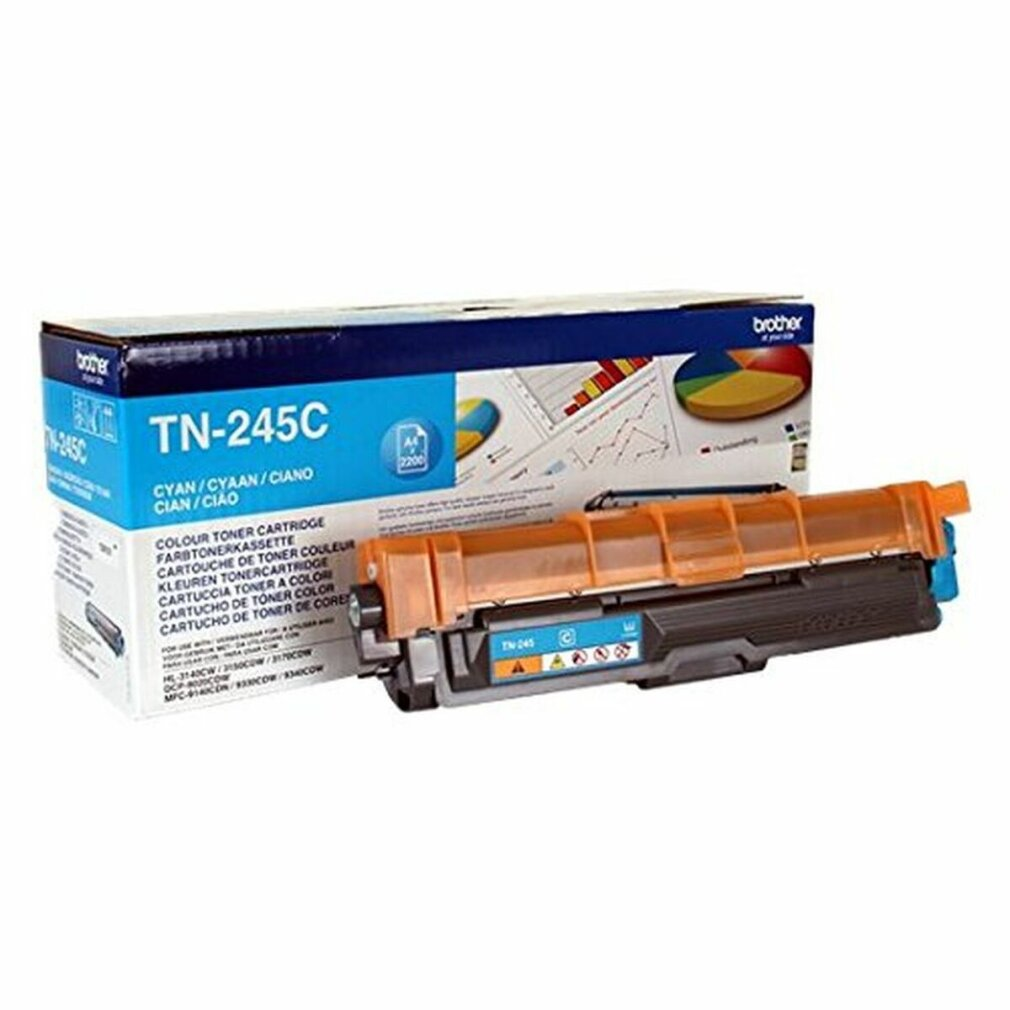 Cyan-Tonerkartusche vor ihrer Box, die Box hat Text und Bilder darauf.