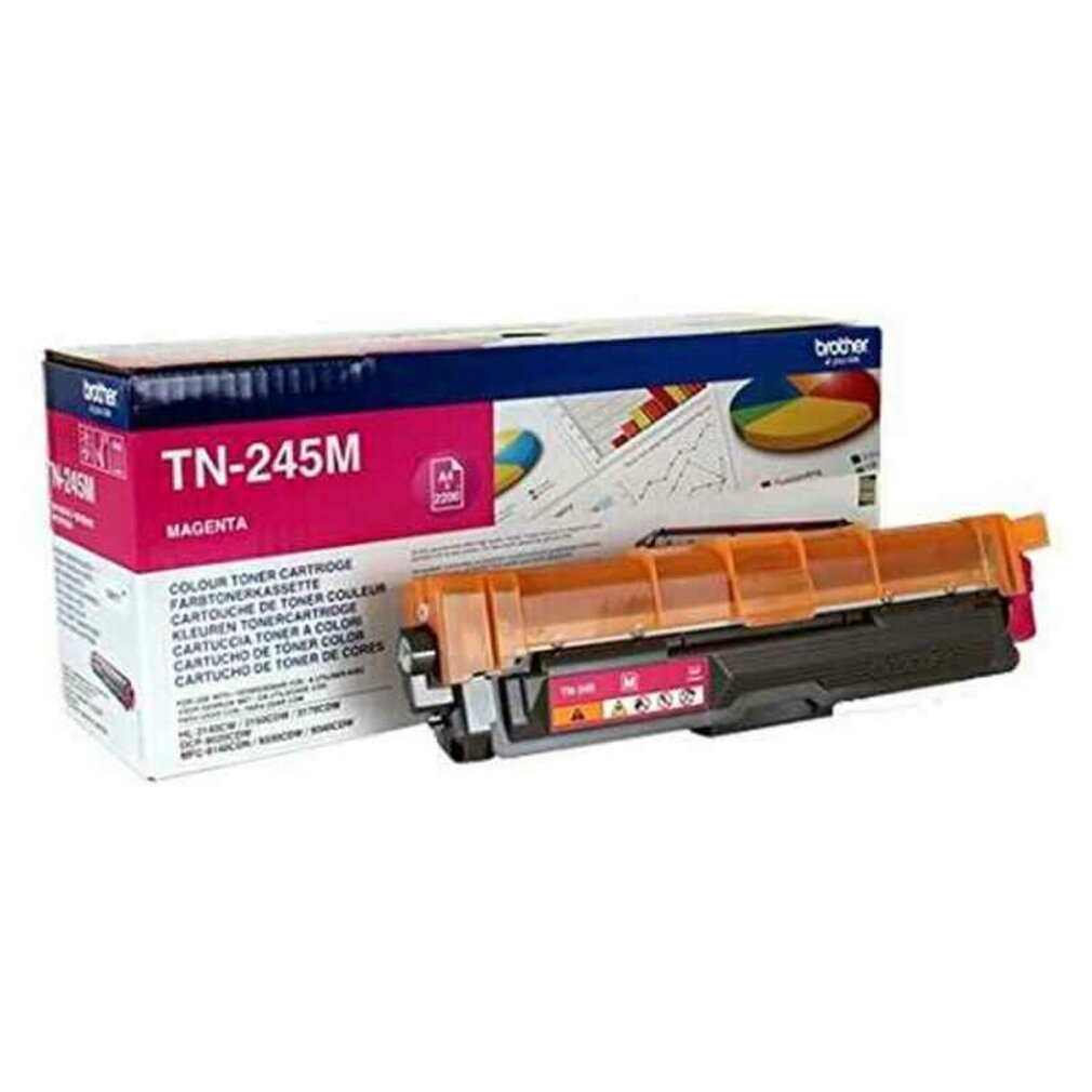 Magenta Tonerkartusche vor ihrer Box, die Box hat Text und Bilder darauf.